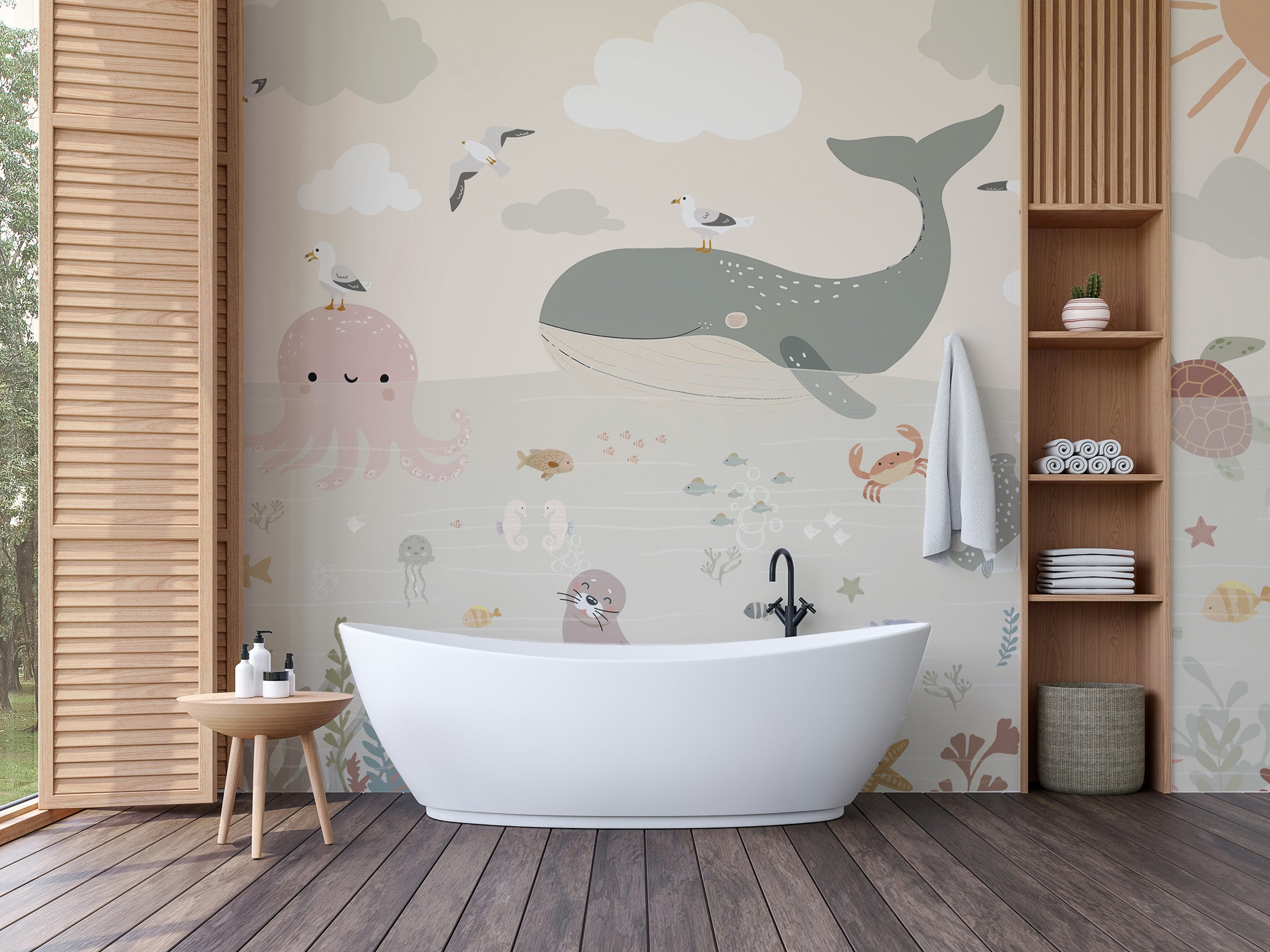 Whimsical underwater scene wall mural for nursery
