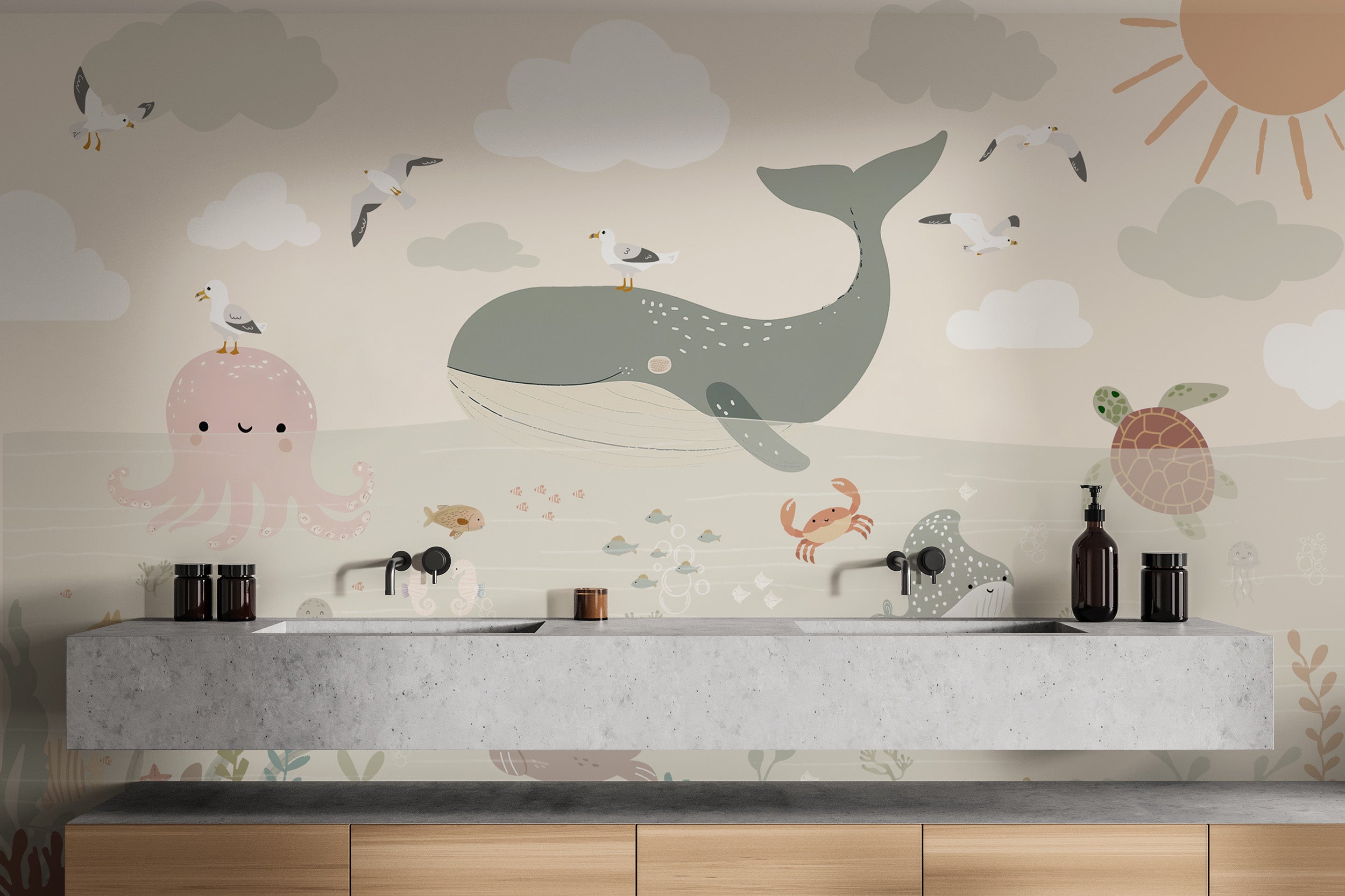 Ocean-themed wallpaper with adorable marine animals
