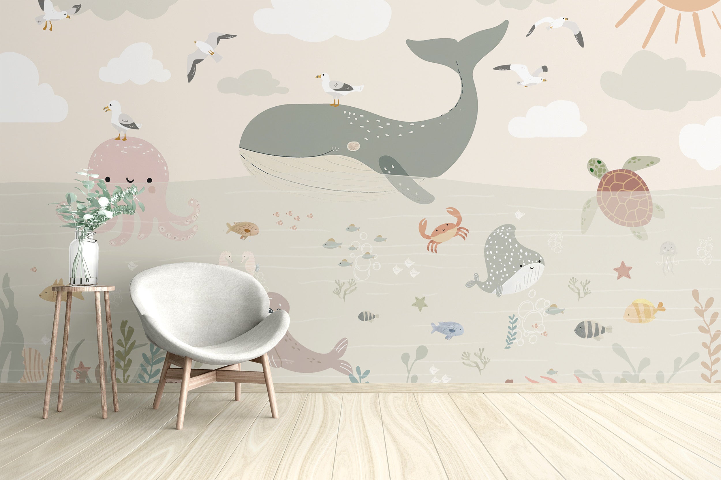 Cute whale and octopus wall mural for kids
