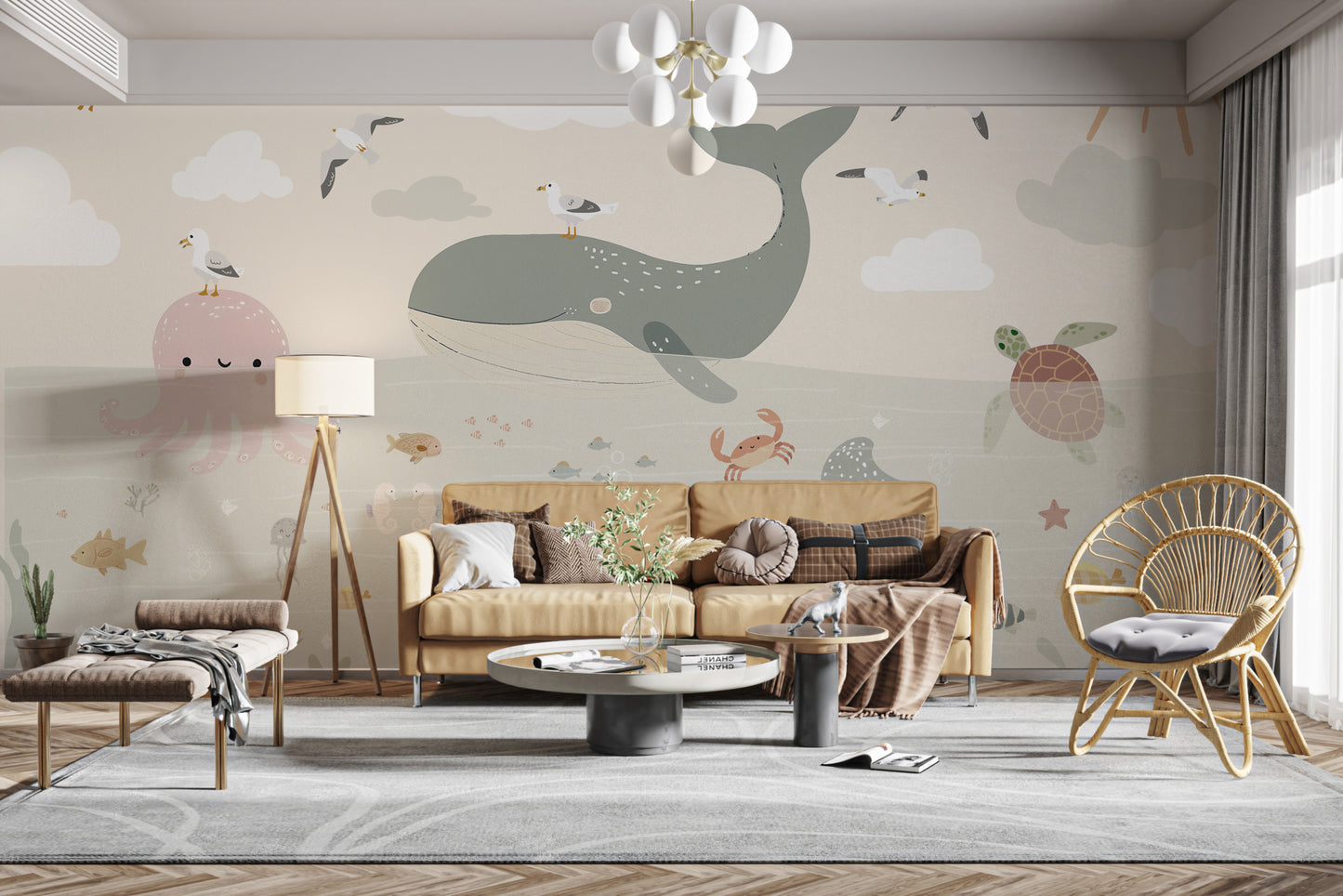 Marine life wallpaper featuring fish and seagulls
