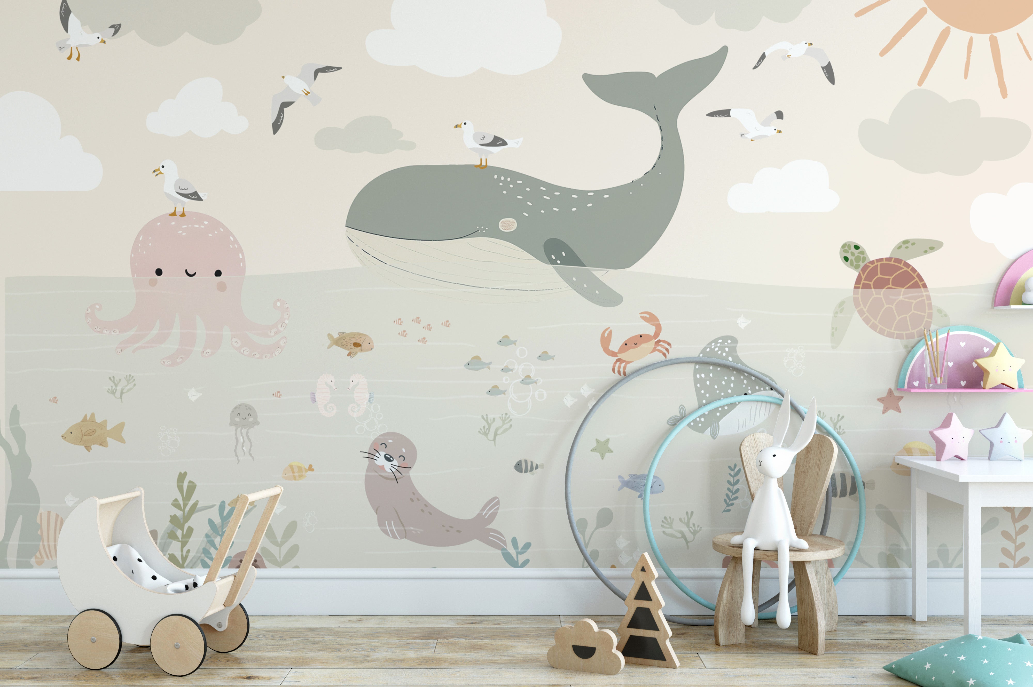 Underwater theme nursery wallpaper with sea creatures
