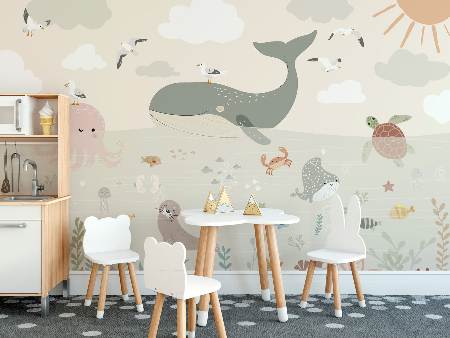 Cute ocean creatures wall mural for kids' rooms
