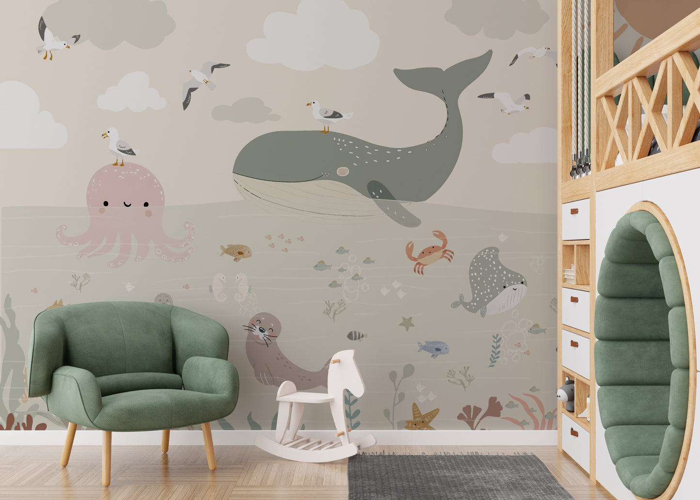 Playful sea life wallpaper with whales and turtles
