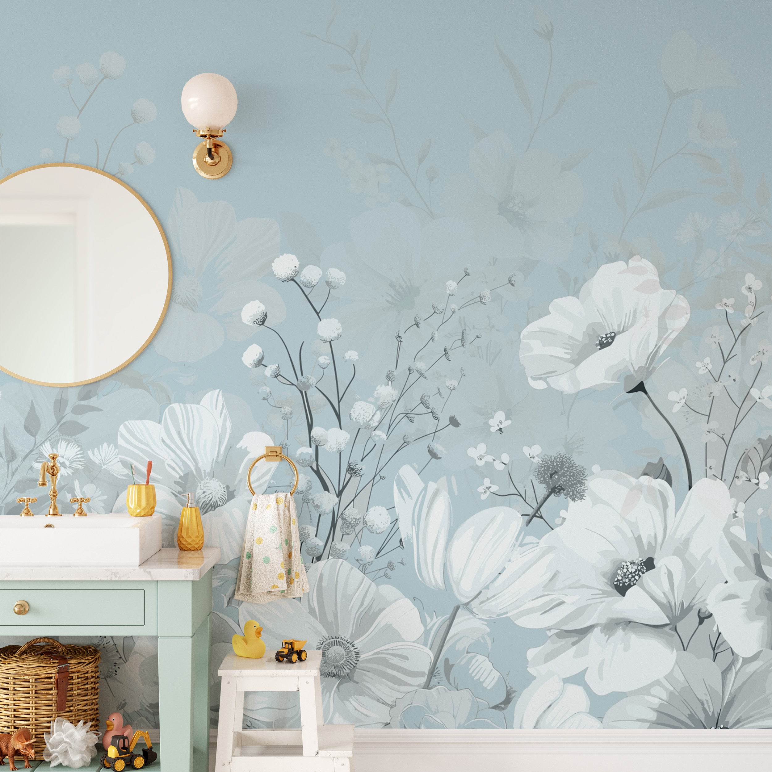 Stylish Blue and White Floral Wallpaper Mural
