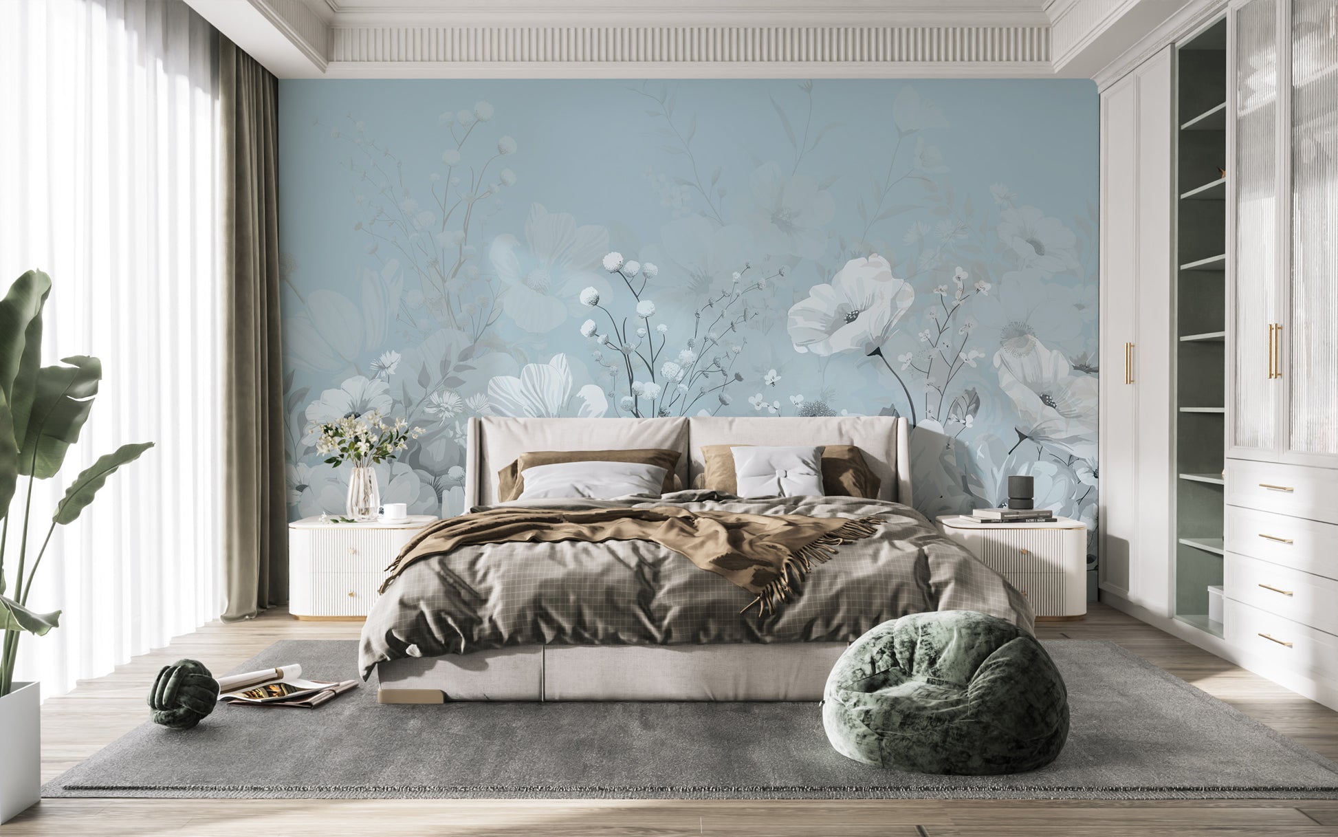 Nature-Inspired Blue Floral Wallpaper for Living Room
