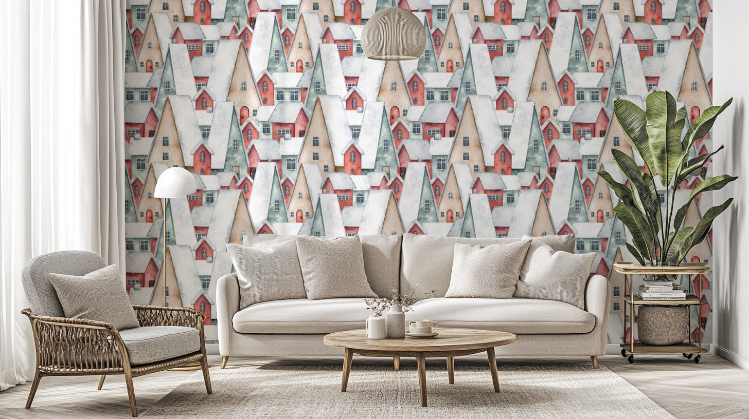 Christmas town pattern wallpaper in soft pastel hues
