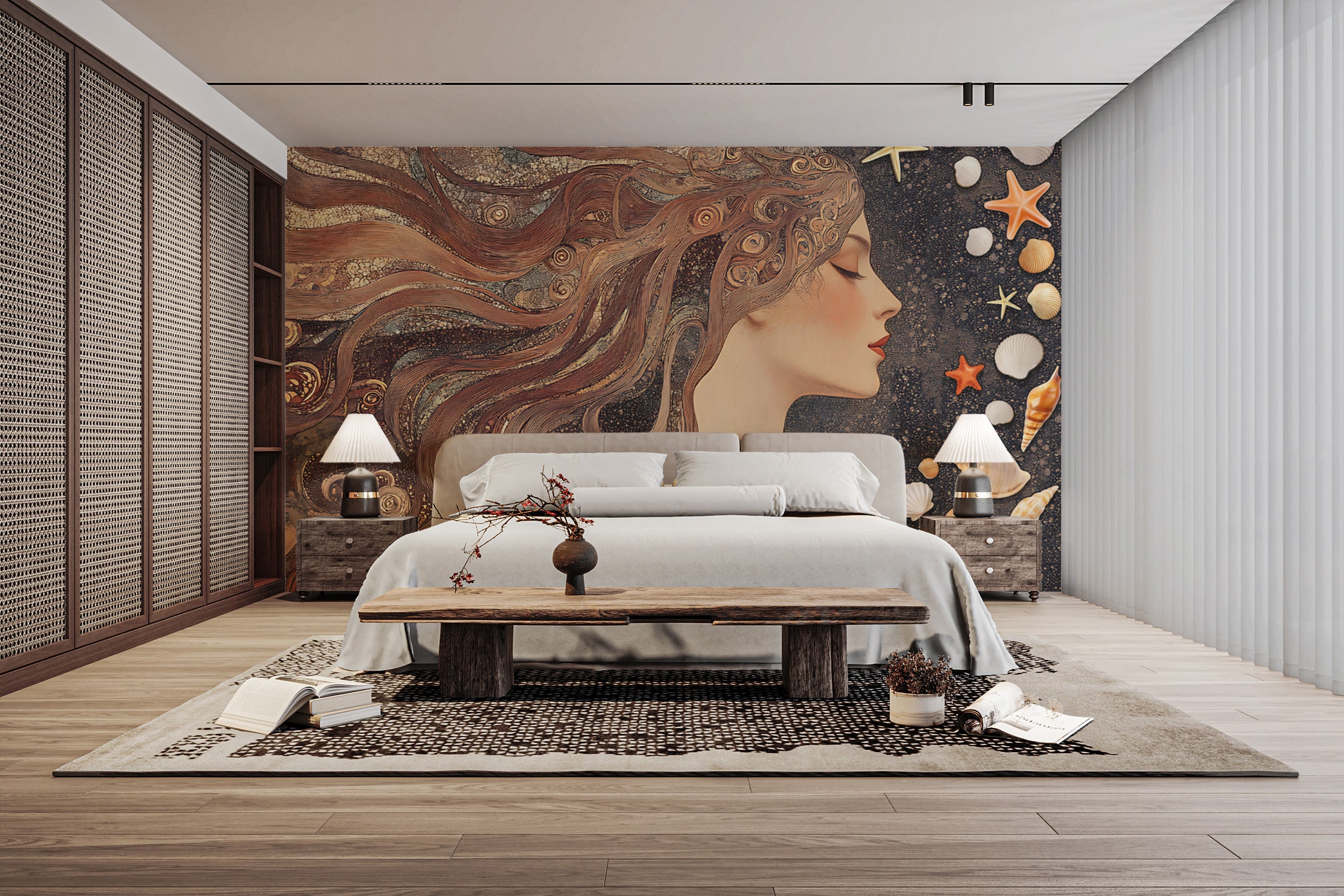 Divine feminine energy mural with starfish and shells
