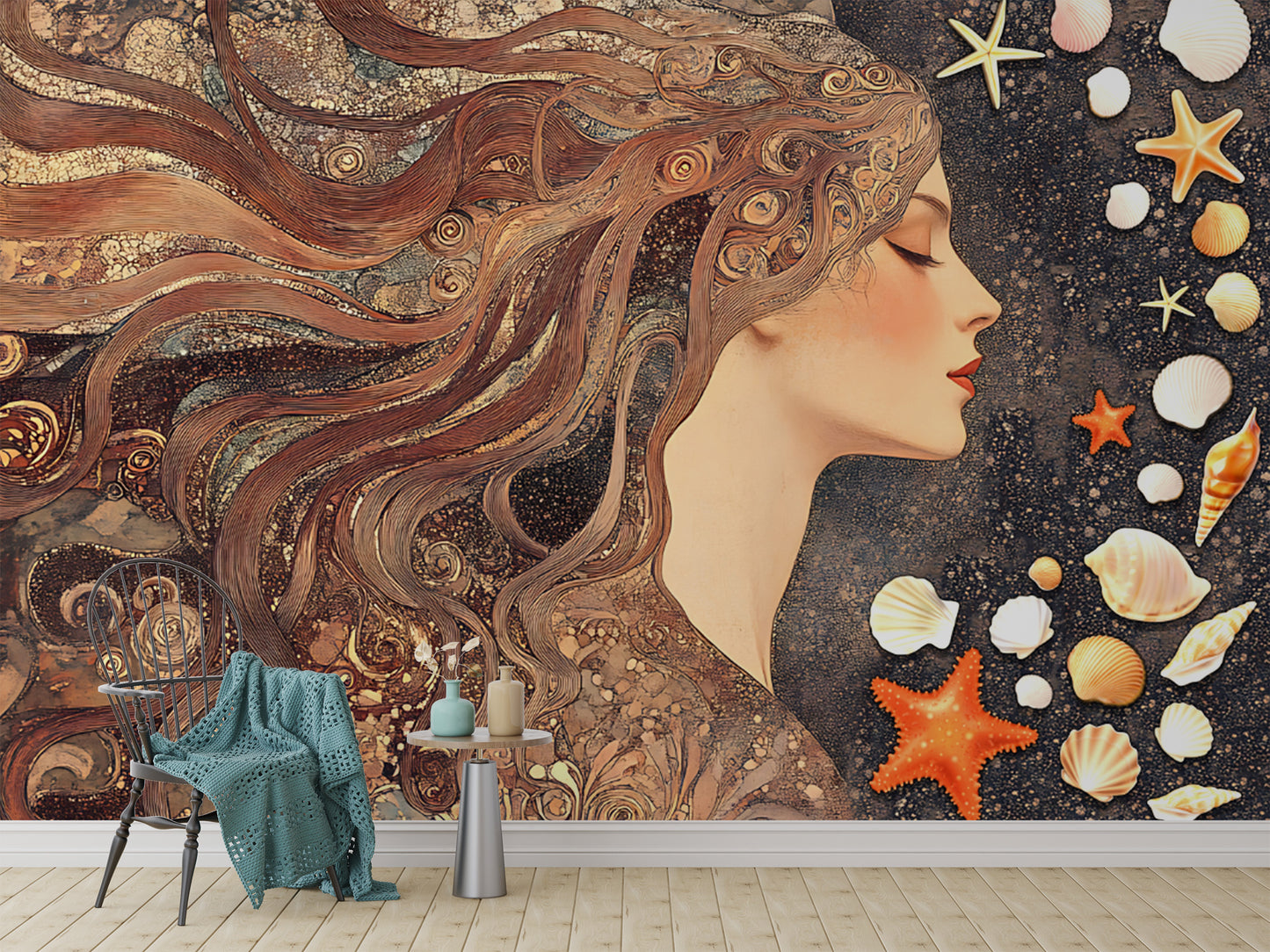 Elegant ocean goddess mural with celestial charm




