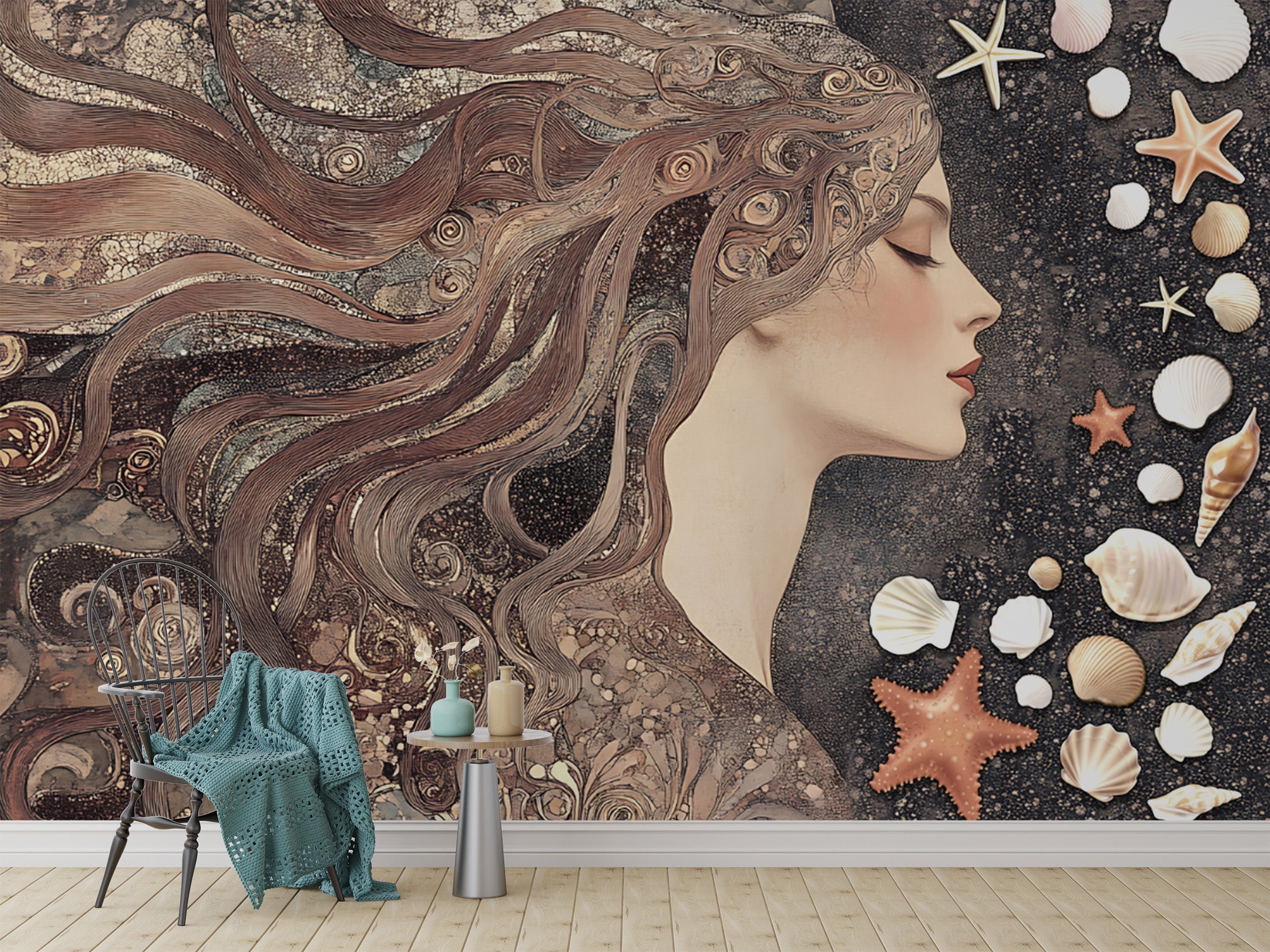 Whimsical sea goddess art with starfish and shells
