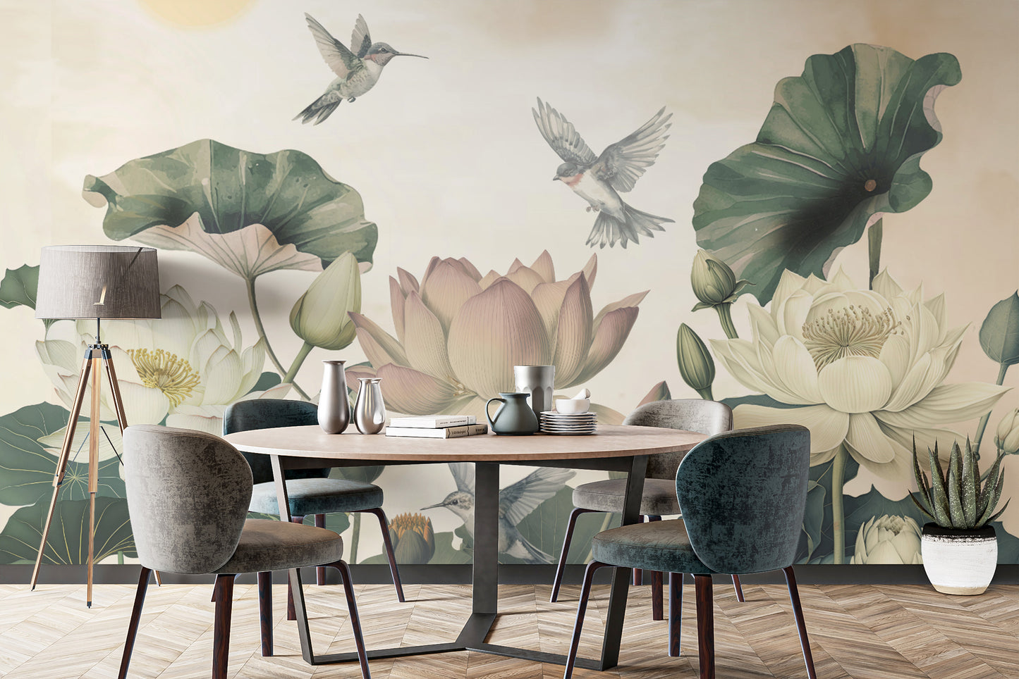 Serene Lotus Blossom and Hummingbird Wall Mural
