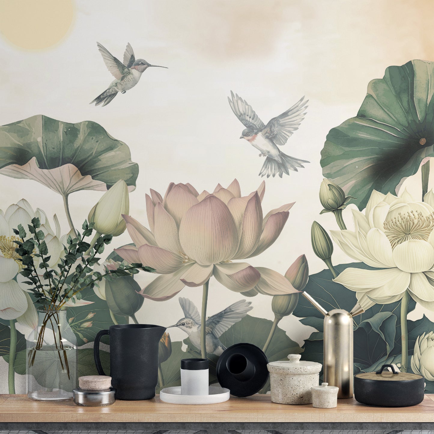 Water Lily and Hummingbird Botanical Wall Mural
