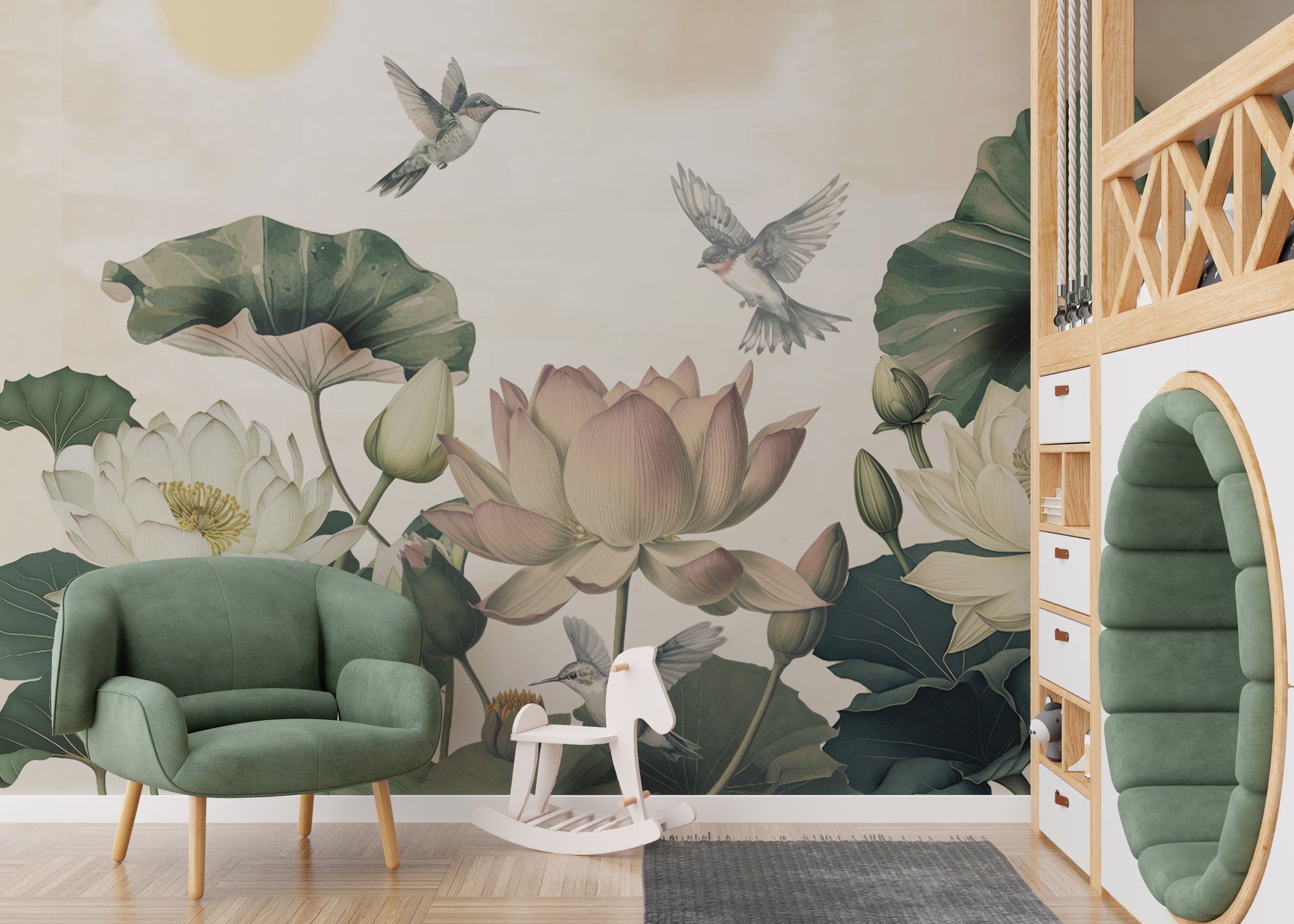 Botanical Wall Mural with Lotus and Hummingbirds
