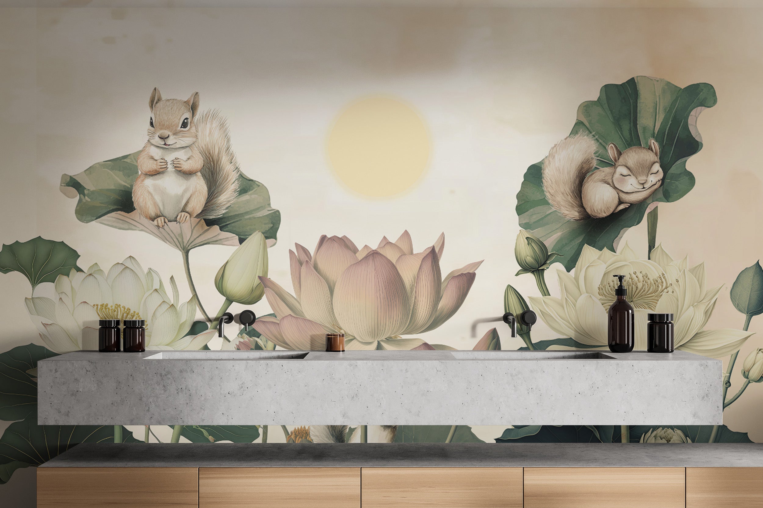 Lotus flower wallpaper featuring gentle forest creatures
