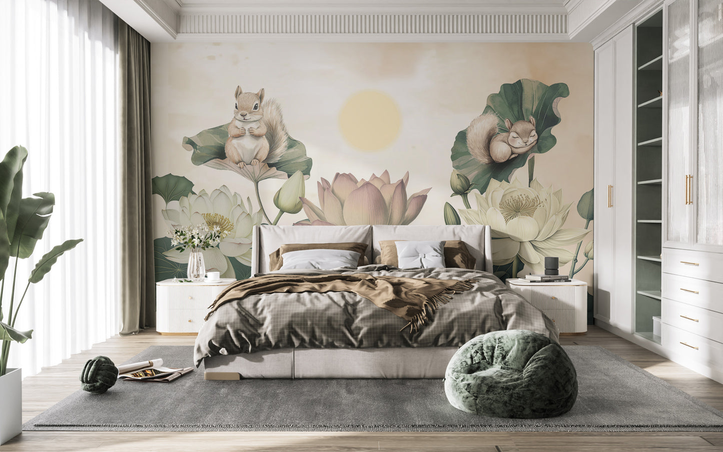 Playful squirrel mural with a serene floral setting
