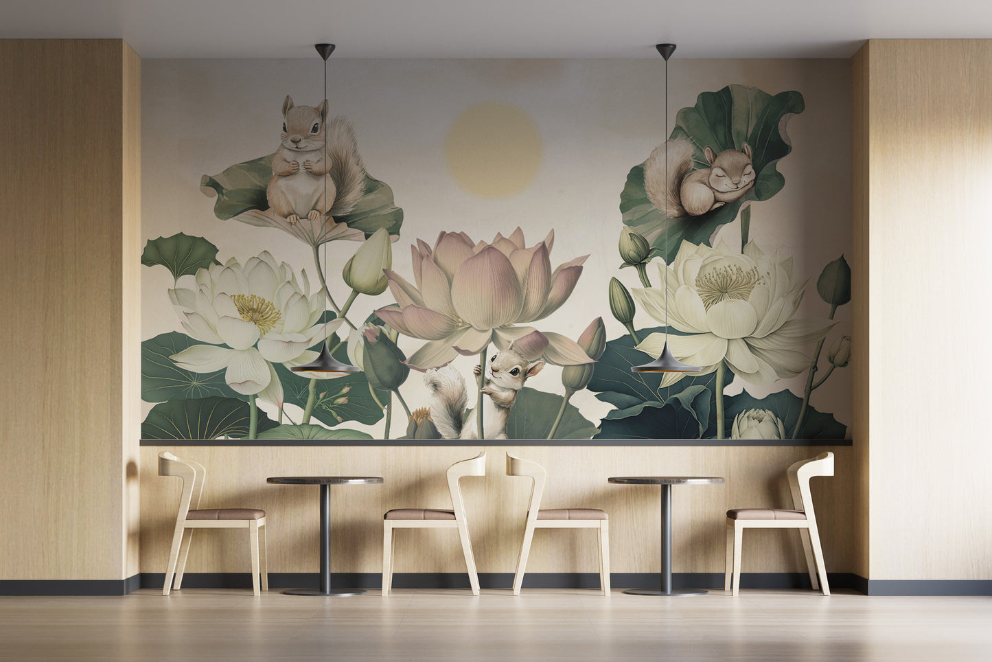 Botanical mural with squirrels and lotus pond scenery
