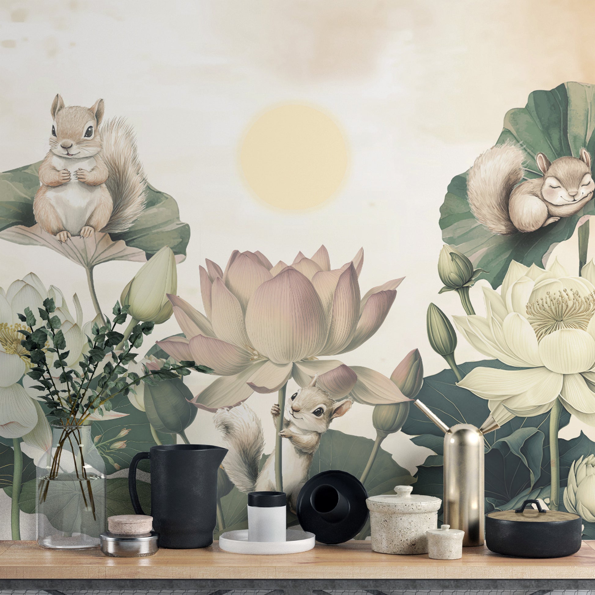 Nature-inspired lotus wallpaper with soft, earthy tones
