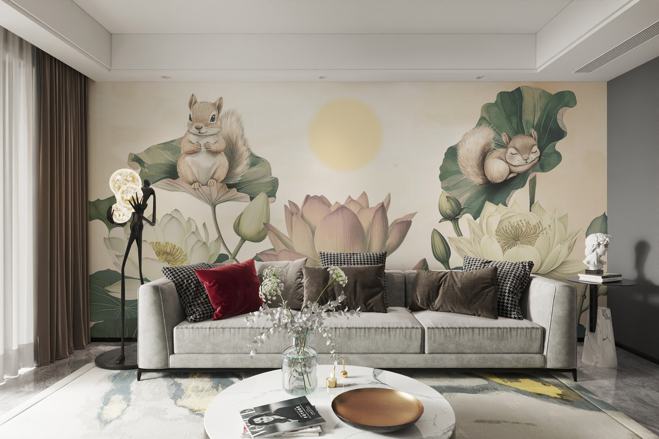 Whimsical lotus garden mural with playful squirrels
