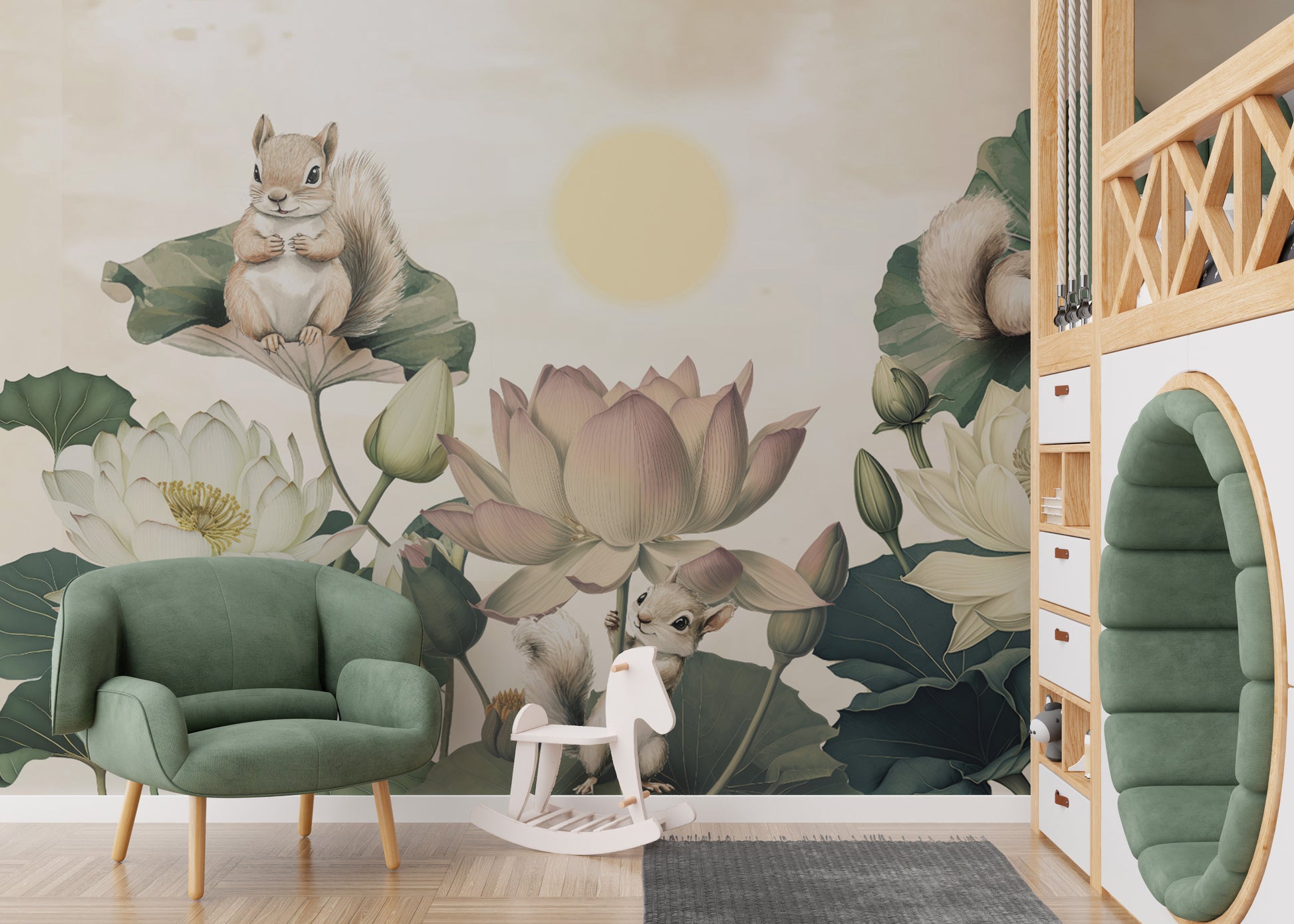 Hand-drawn lotus garden mural with woodland charm
