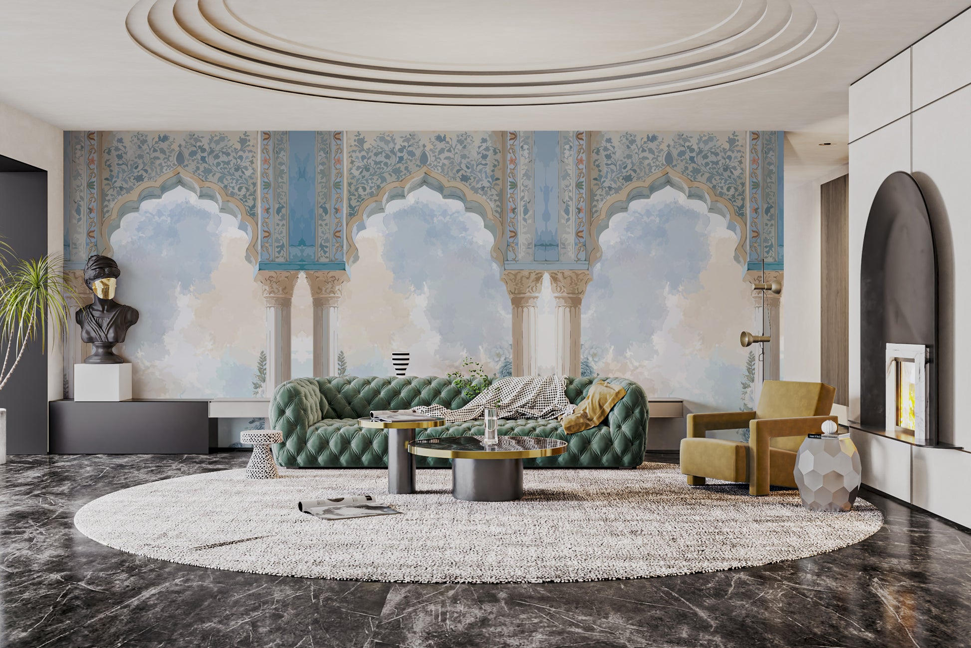 Heritage-inspired Mughal arch mural with soft tones
