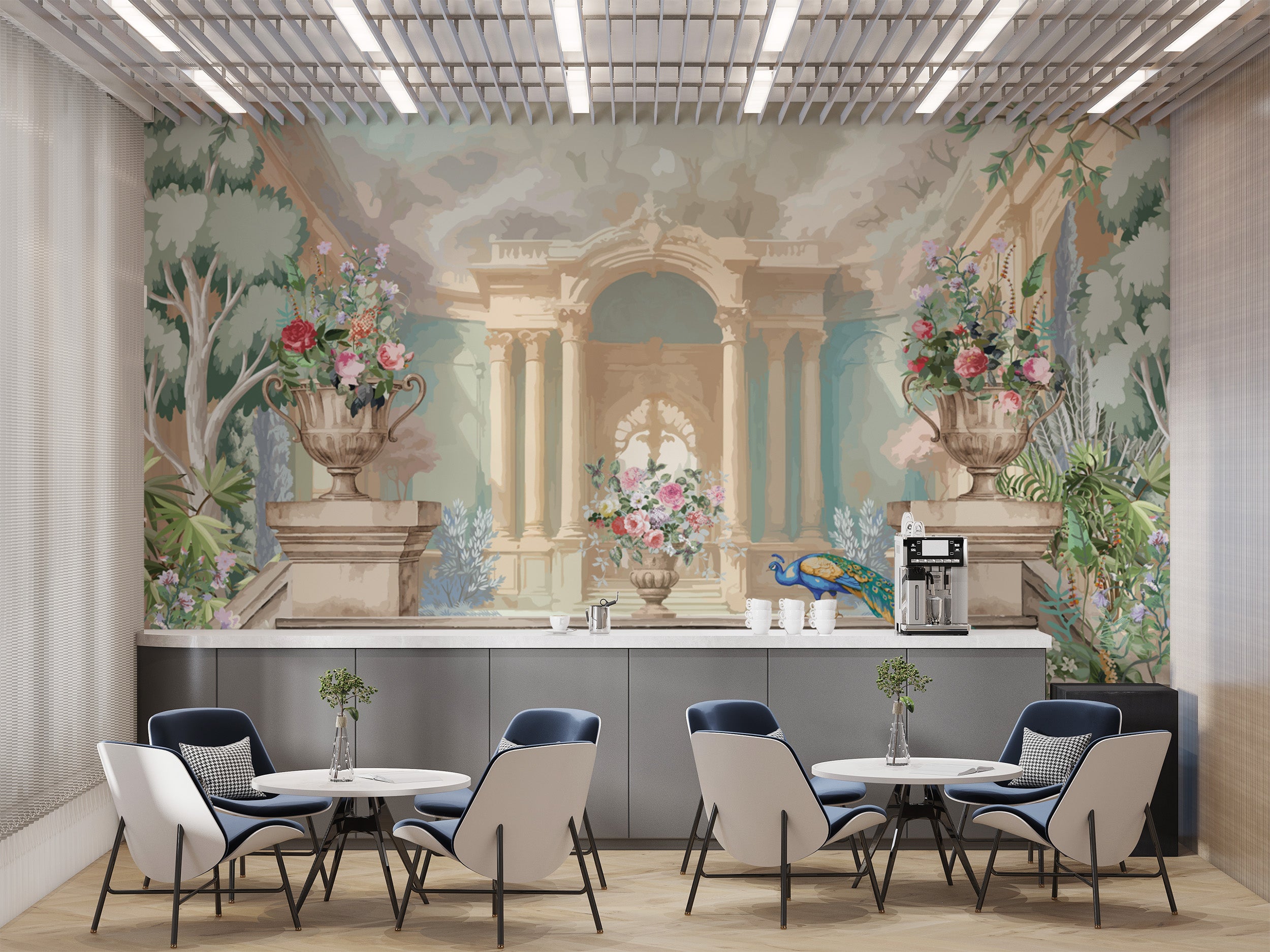 Grand archway with floral vases and peacock mural design
