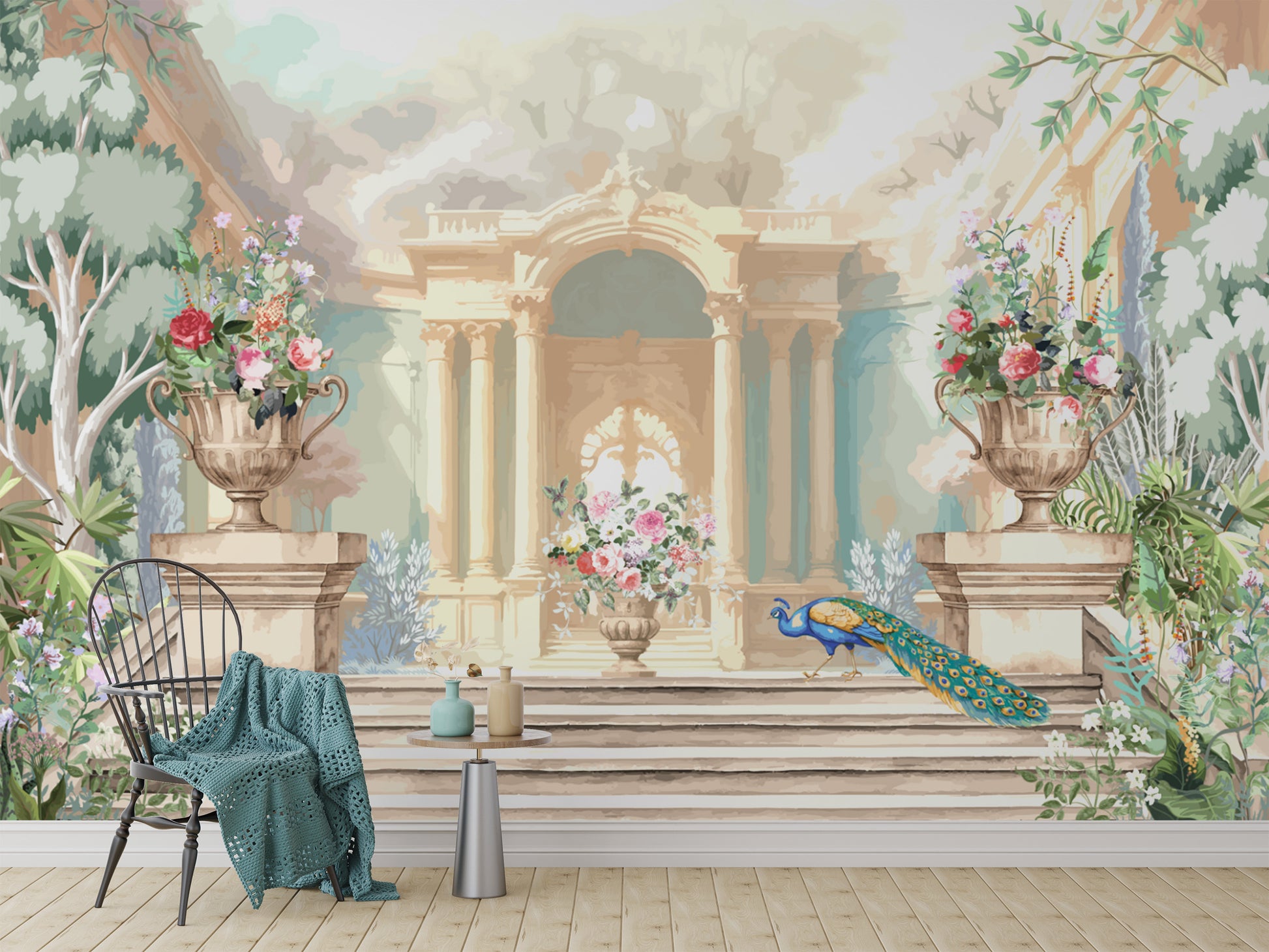 Classic European palace with floral and peacock wallpaper
