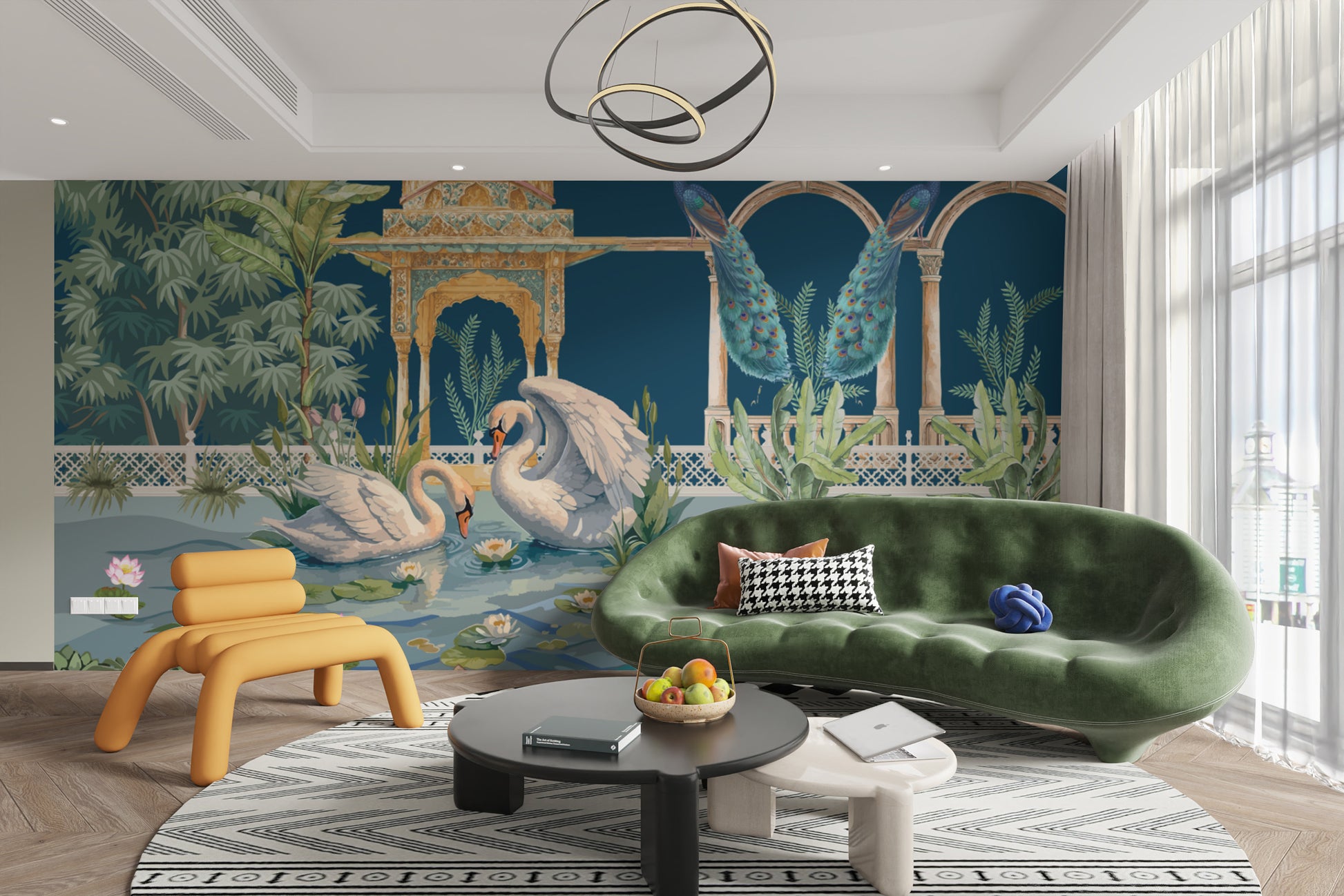 Swan lake mural with lush greenery and lotus flowers
