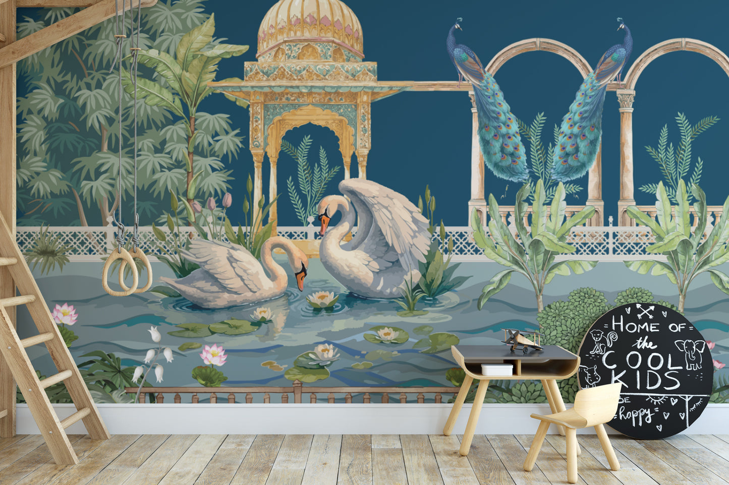 Romantic swan lake palace mural with golden arches
