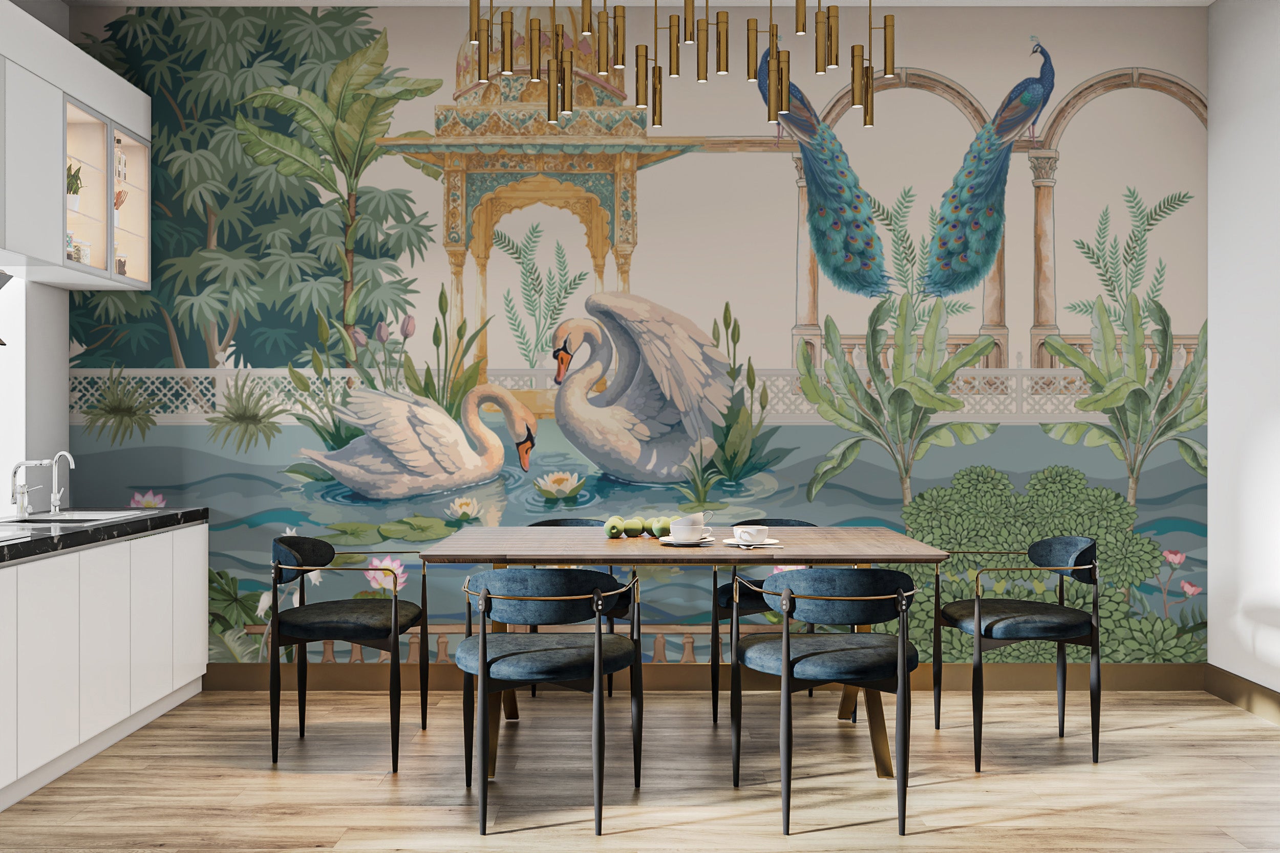 Indian Palace Garden Wallpaper Mural with swans and pond
