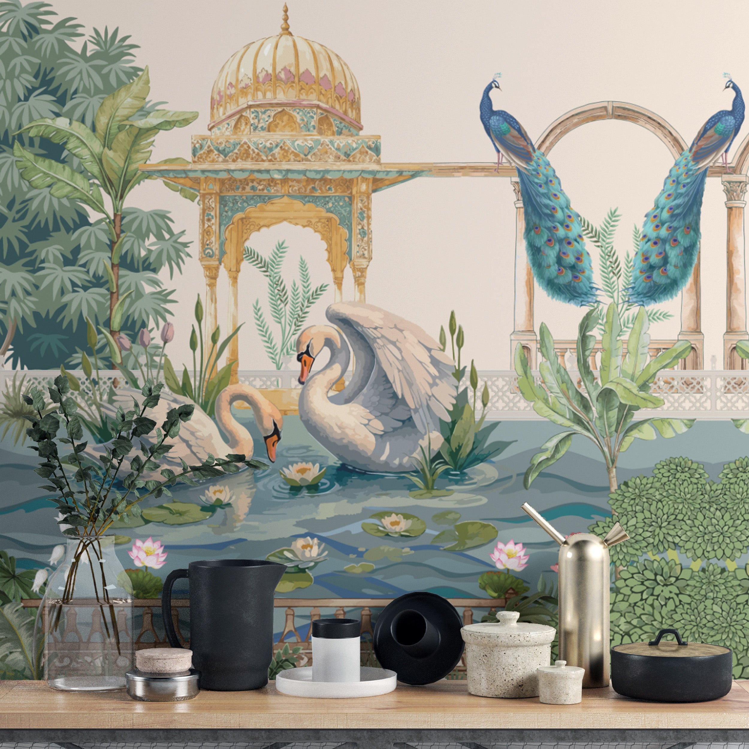 Peacock and Swan Lake Wall Mural in royal garden setting
