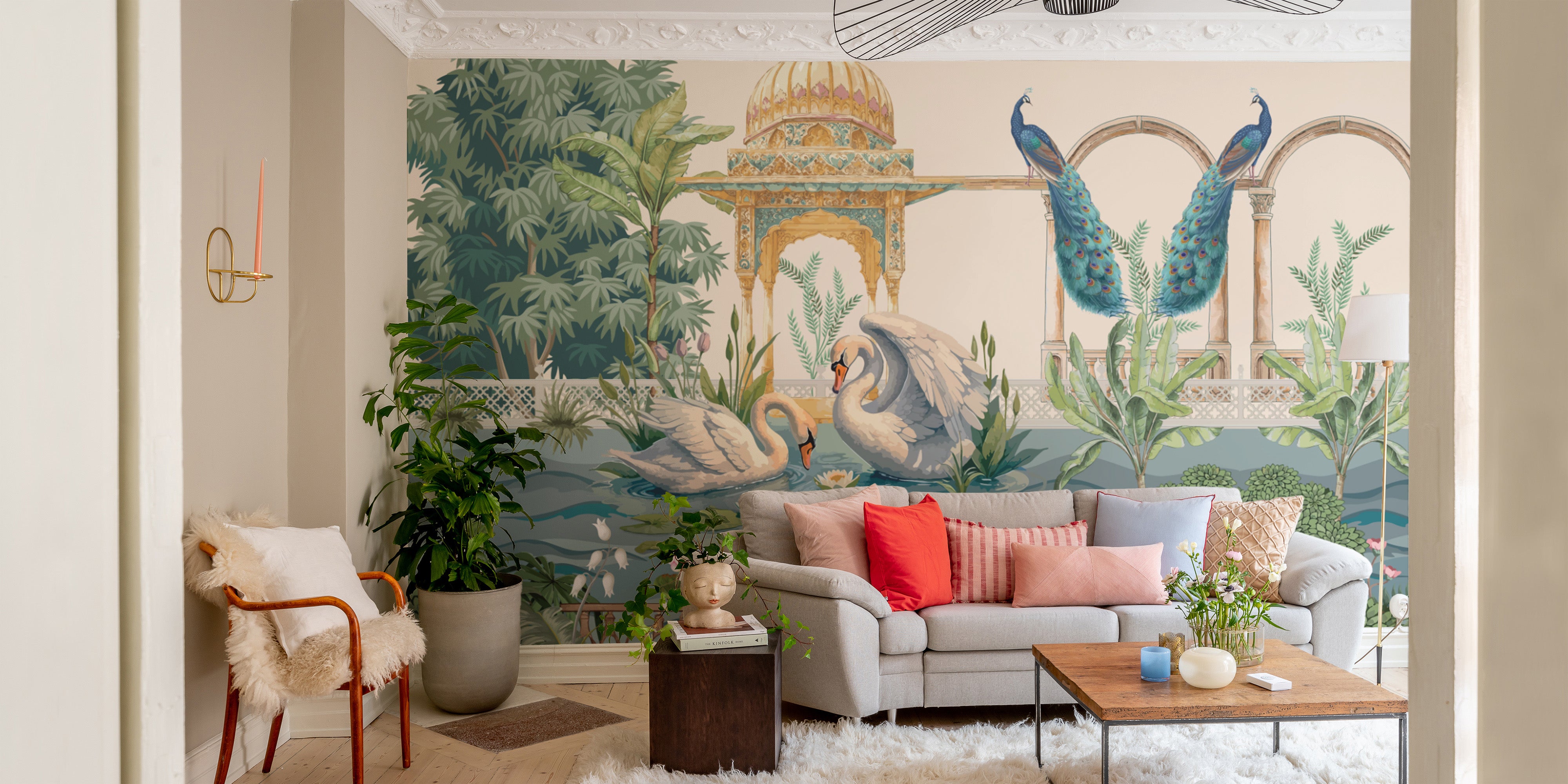 Swan Lake Wallpaper Mural with intricate golden dome
