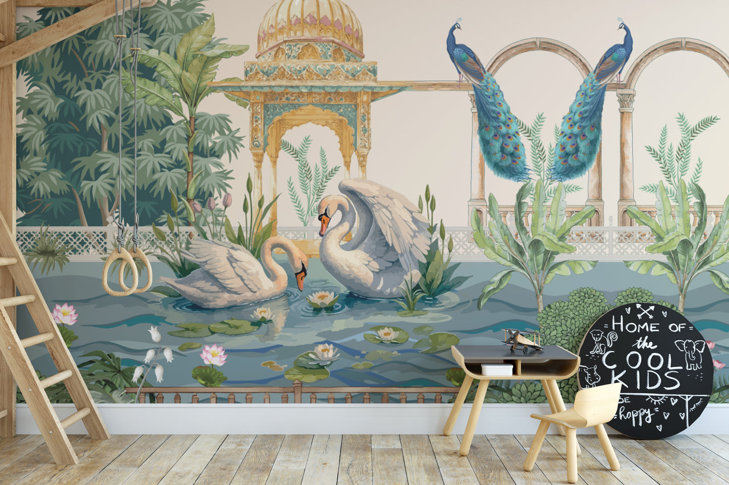 Elegant Peacock Garden Wall Mural with tropical details
