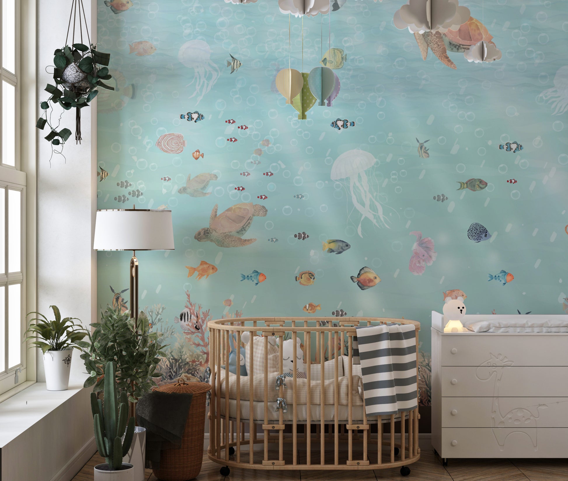 Ocean life wallpaper mural featuring coral reef and jellyfish
