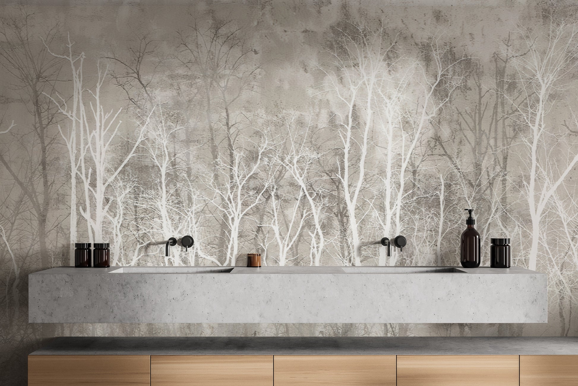 Bare trees wall mural with a peaceful forest effect
