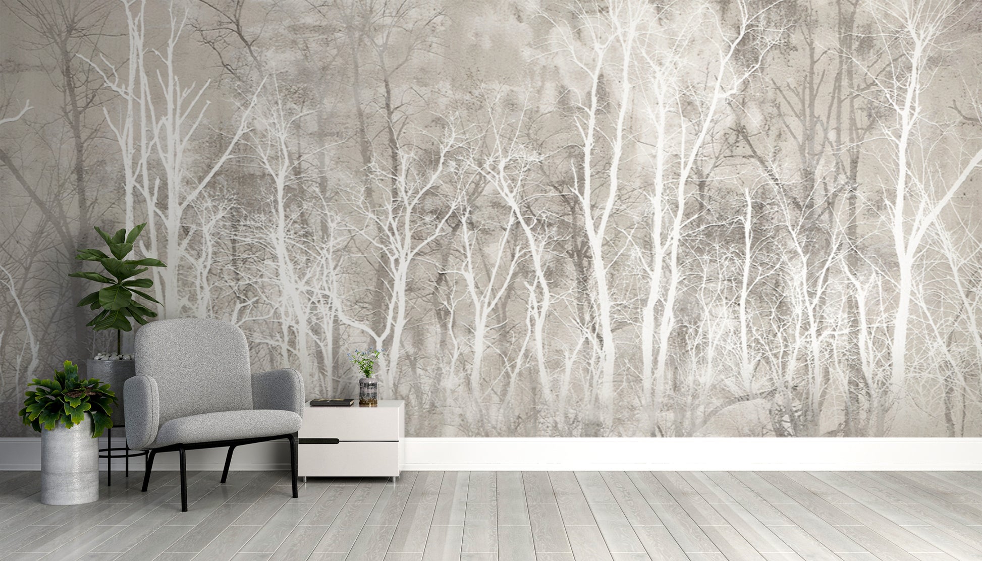 Monochrome forest tree wallpaper mural with grayscale tones
