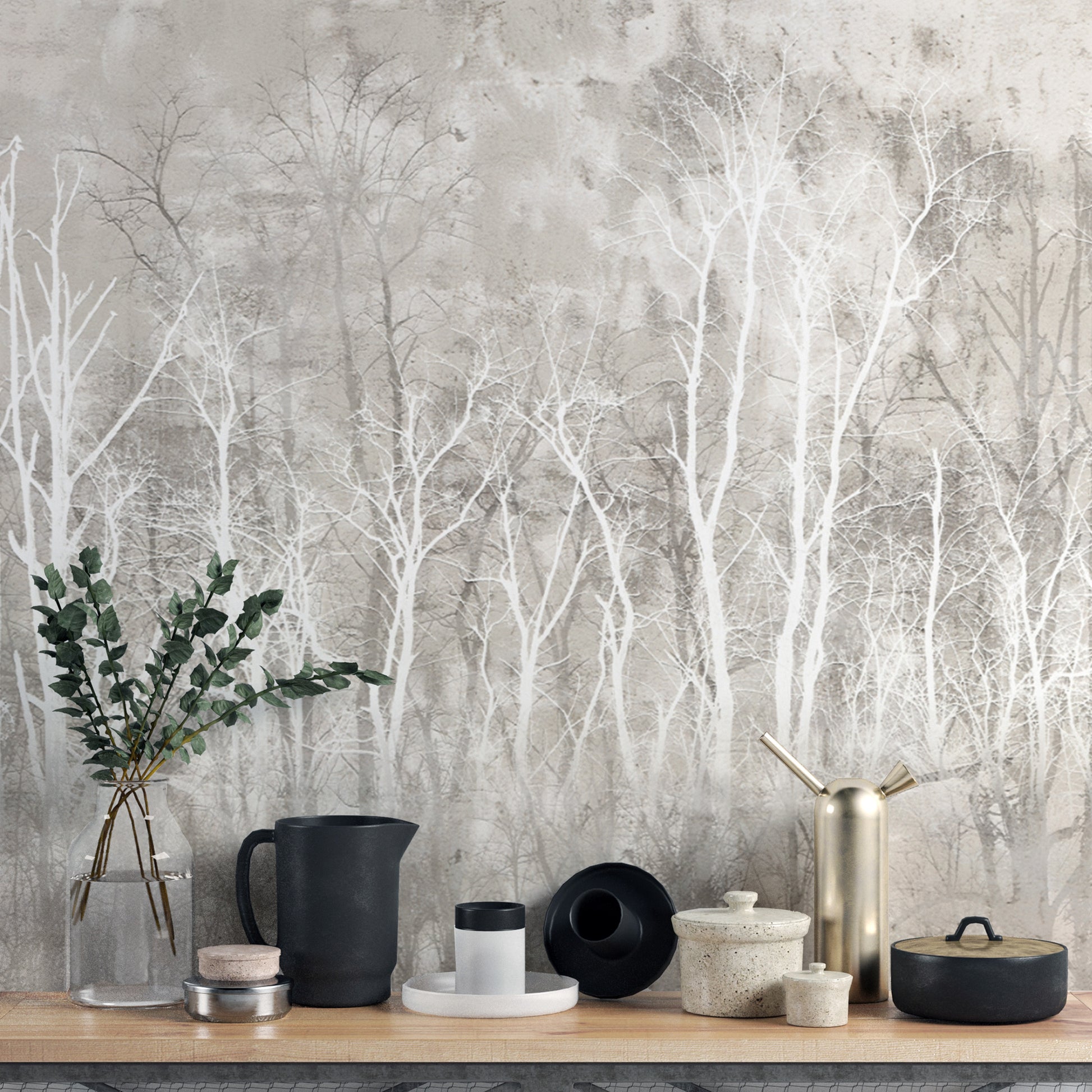 Neutral forest wall mural featuring delicate tree silhouettes
