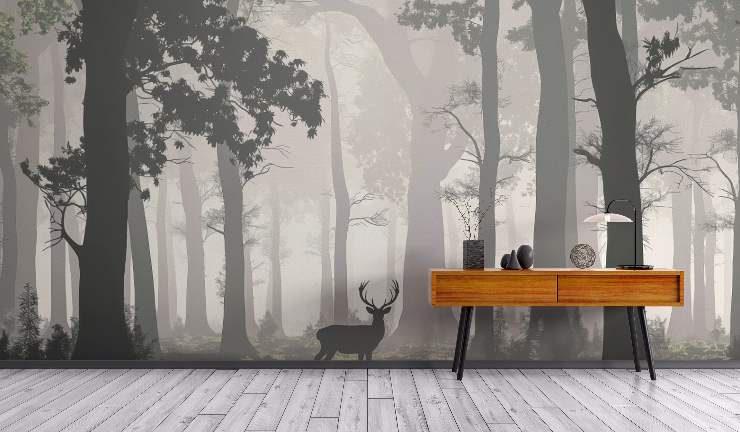 Majestic deer in misty woodland scene mural
