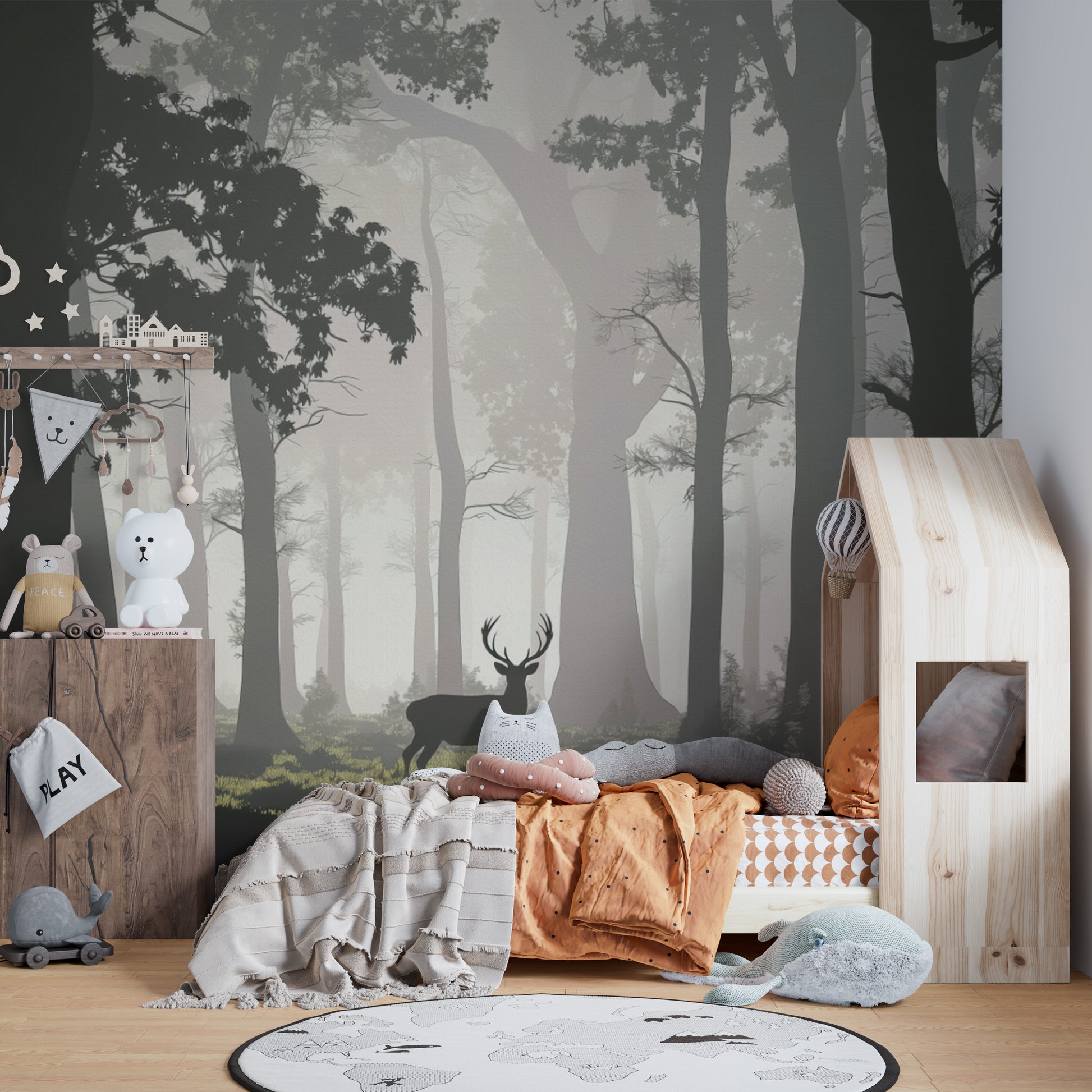 Calming forest mural with deer in soft fog
