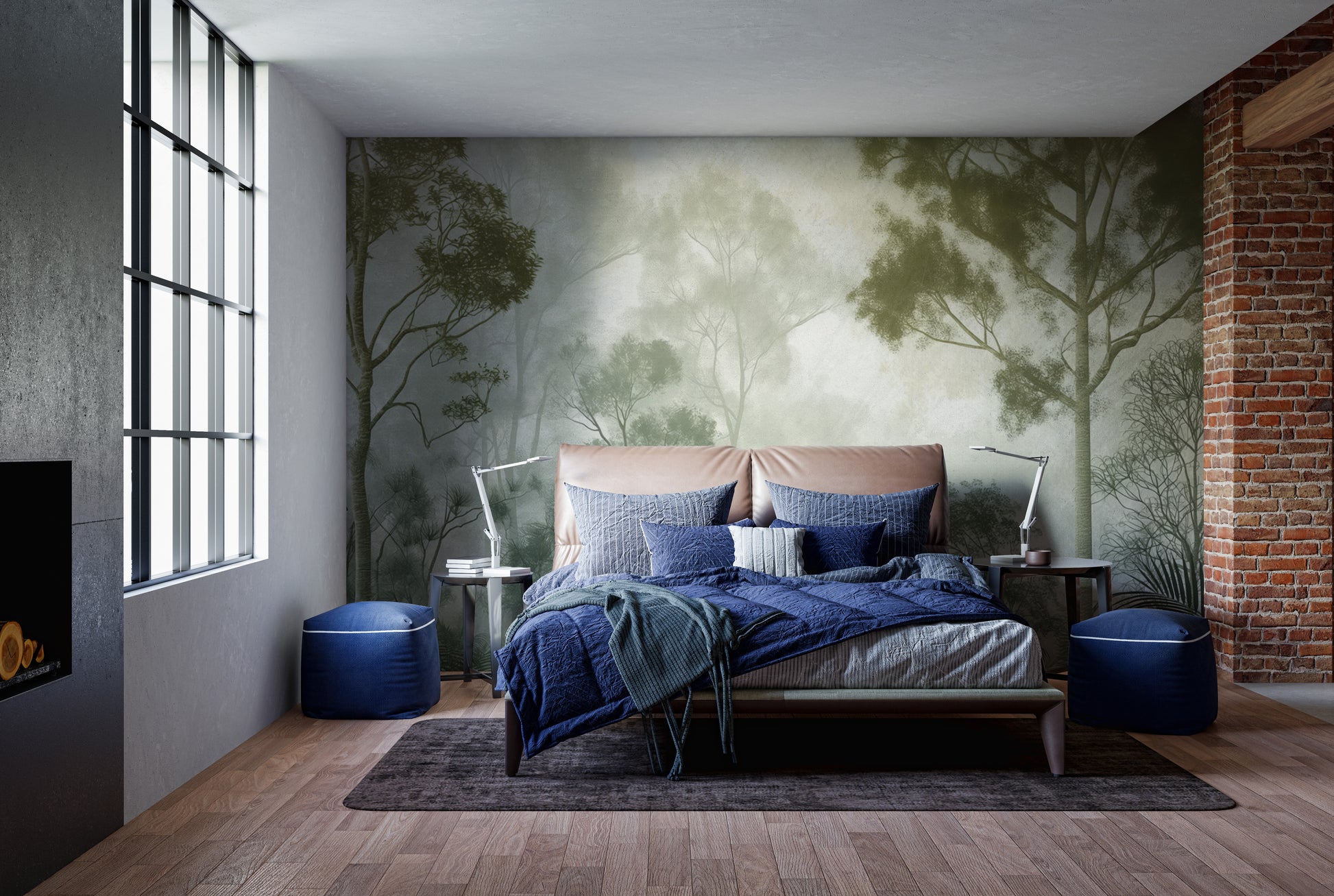 Misty forest wallpaper mural with lush green tones




