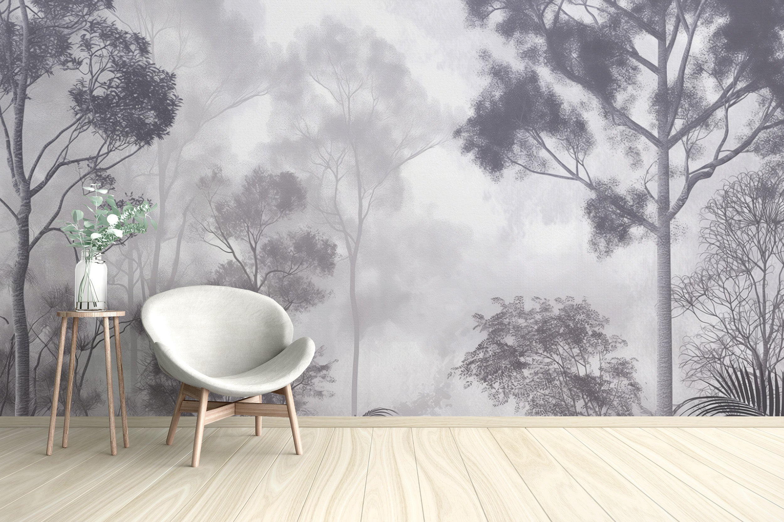 Monochrome Forest Landscape Mural for Timeless Appeal
