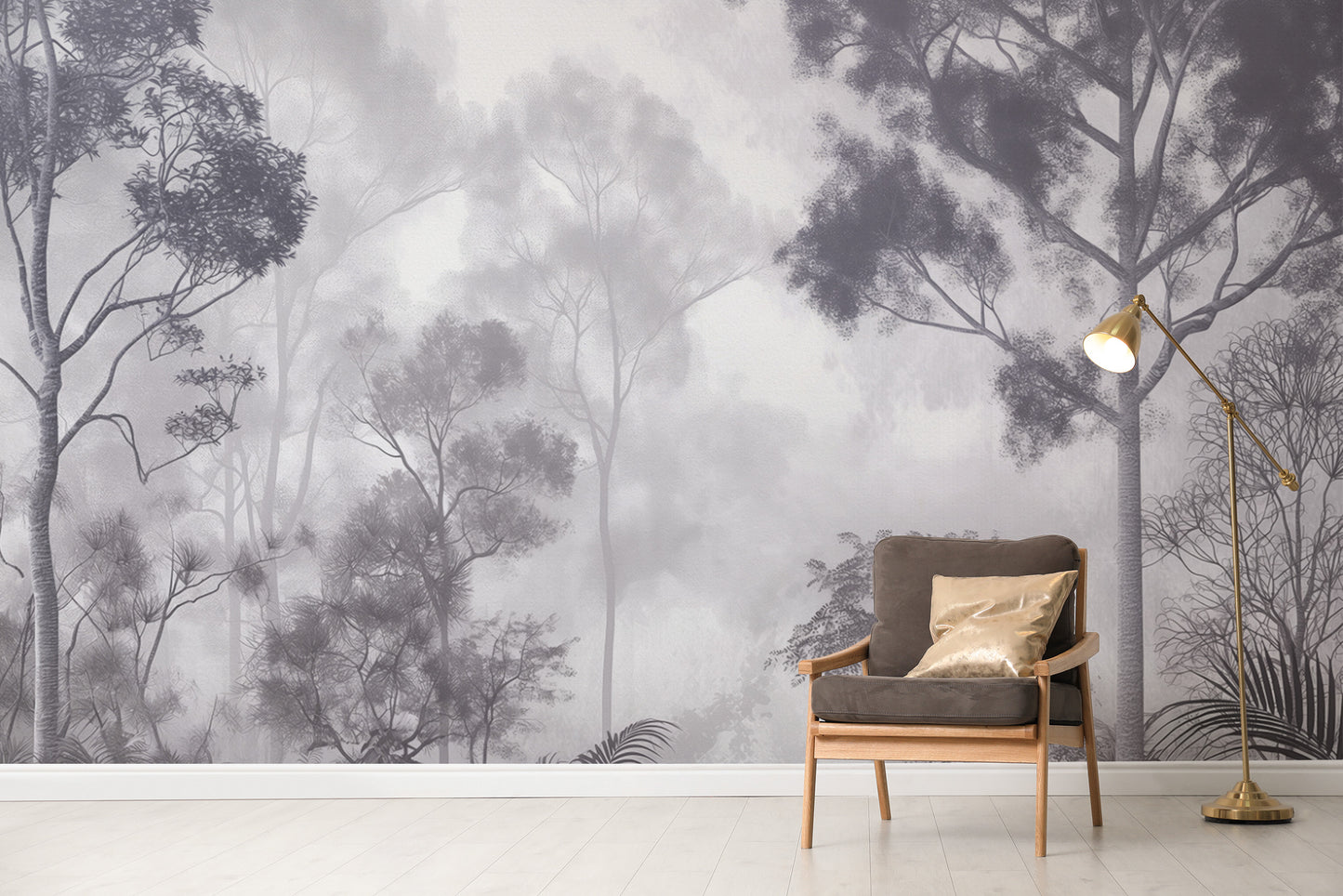 High-Quality Misty Forest Wall Mural for Interiors
