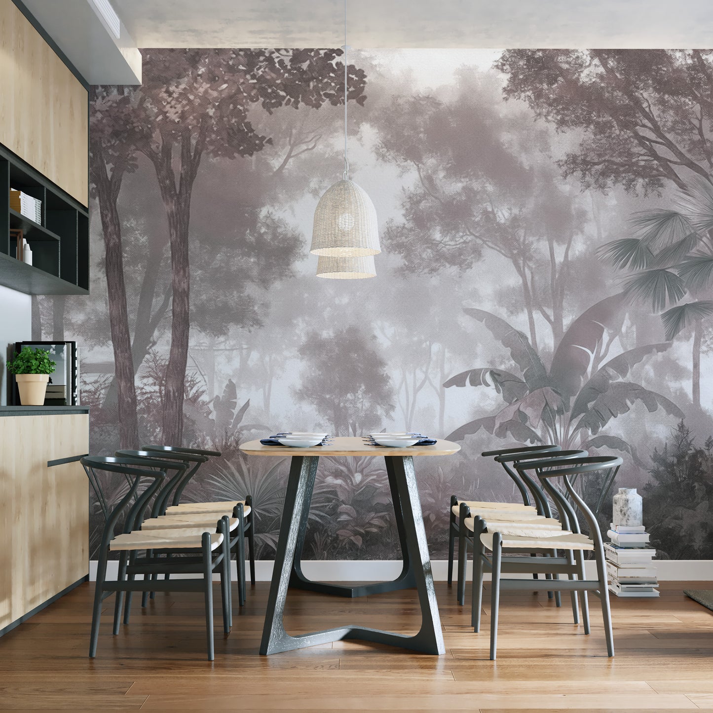 Lush greenery in Misty Forest Wallpaper for a dreamy look
