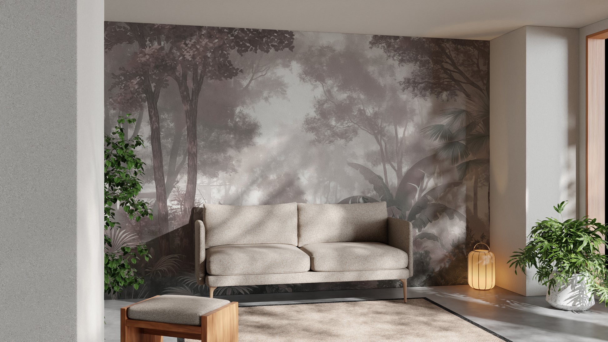 Vintage Botanical Wall Mural with a tranquil forest view
