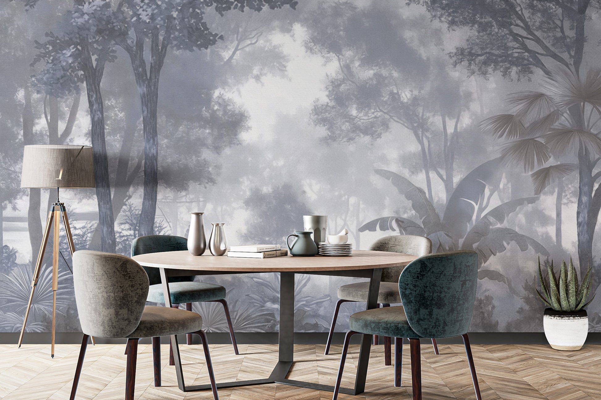 Monochrome misty forest wallpaper for calming interiors
