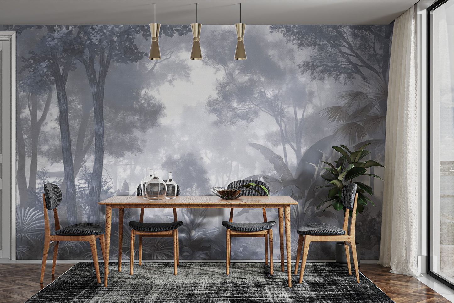 Tropical forest wallpaper mural in soft gray tones
