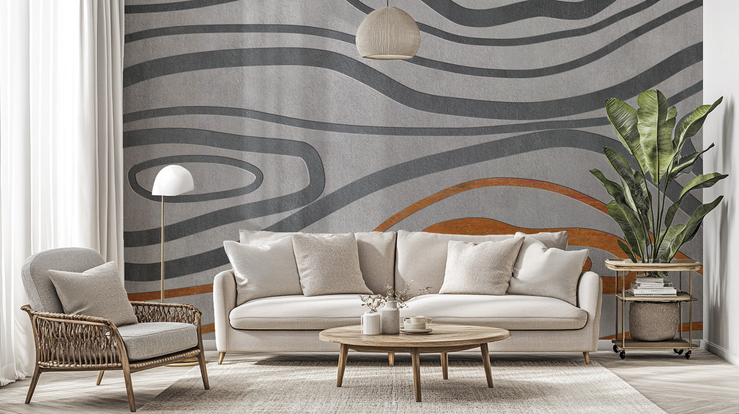 Abstract topographic metallic wallpaper in grey and gold
