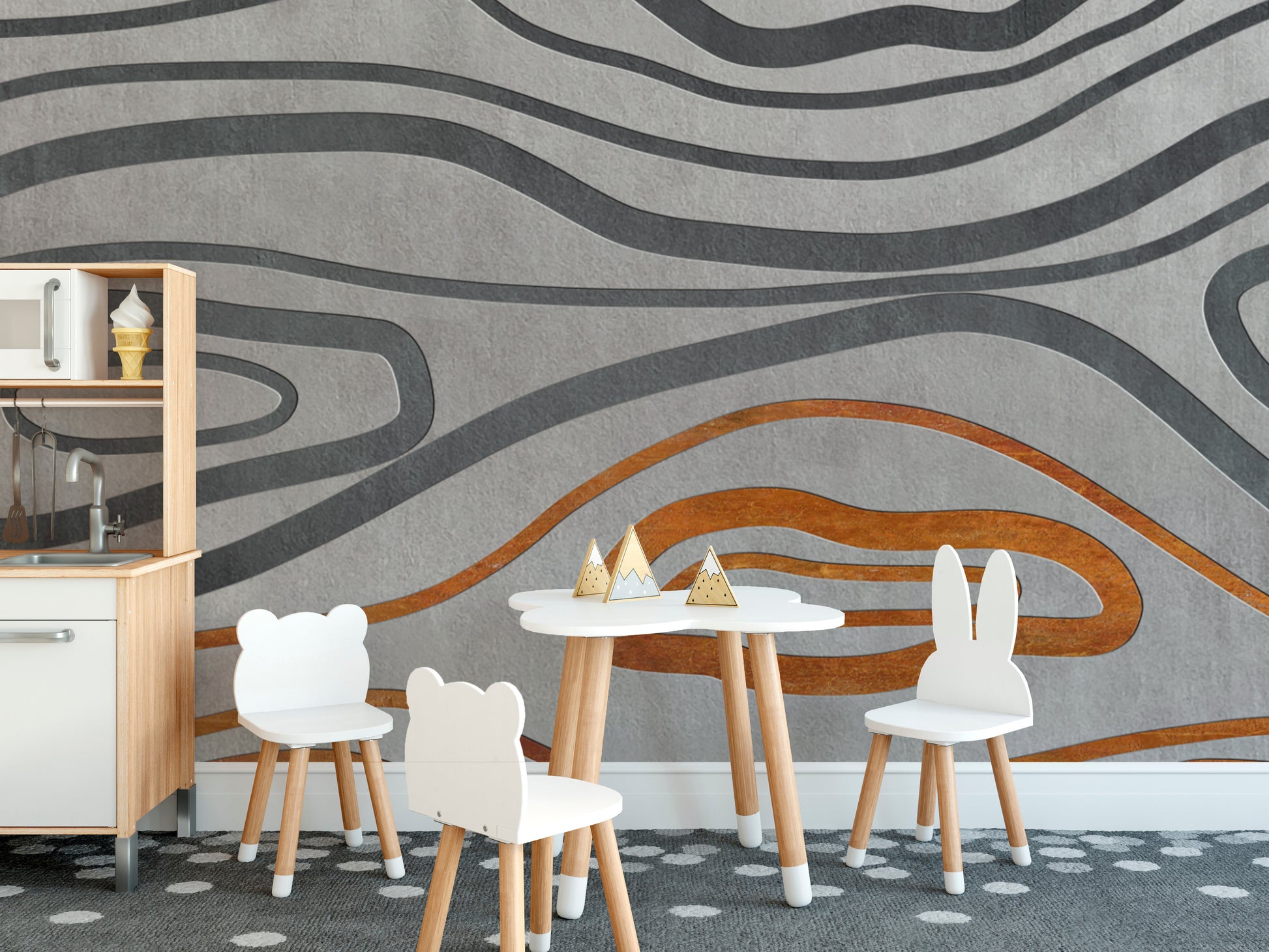 Grey and gold wallpaper with abstract flowing lines
