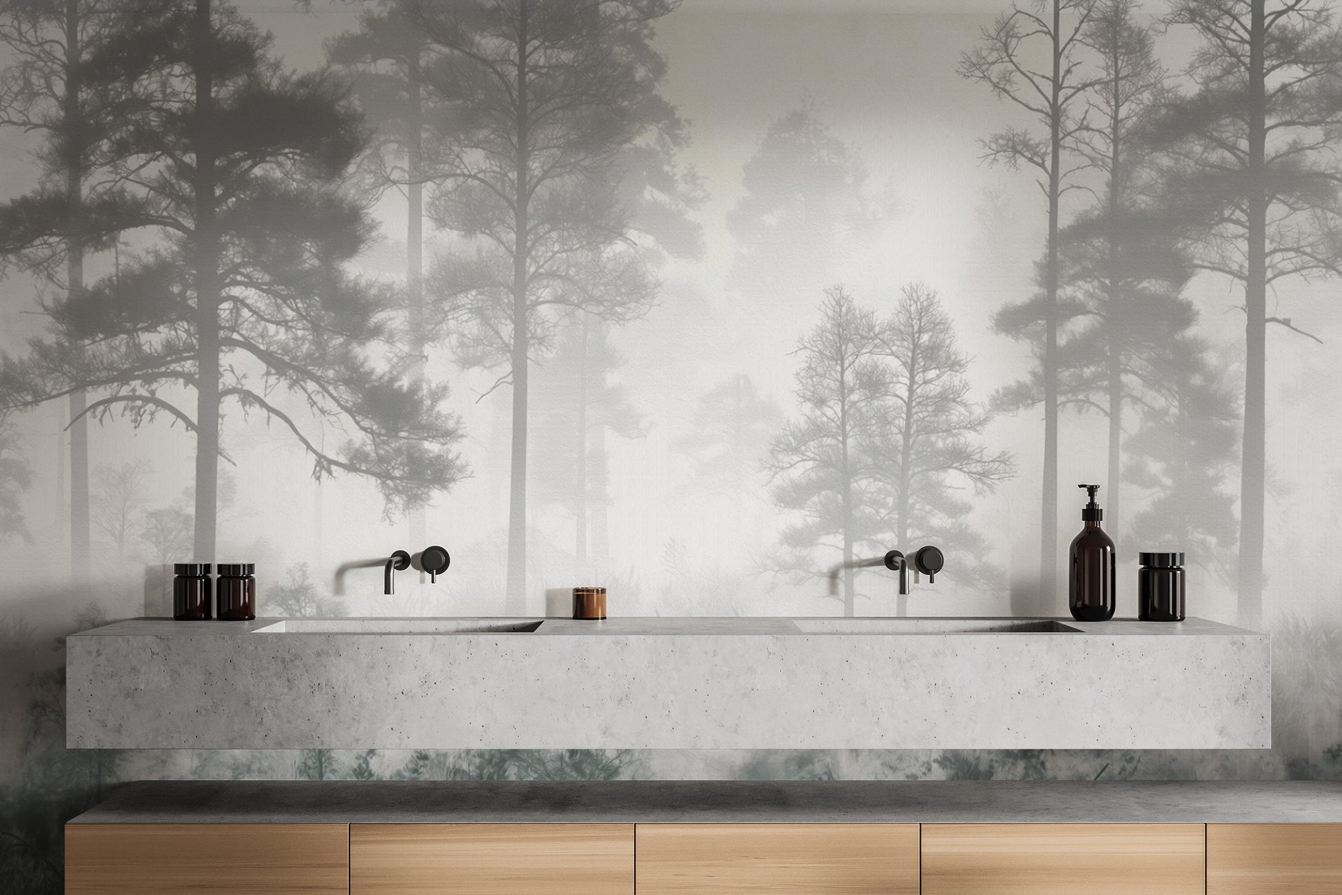 Grayscale foggy forest mural with dreamy pine trees
