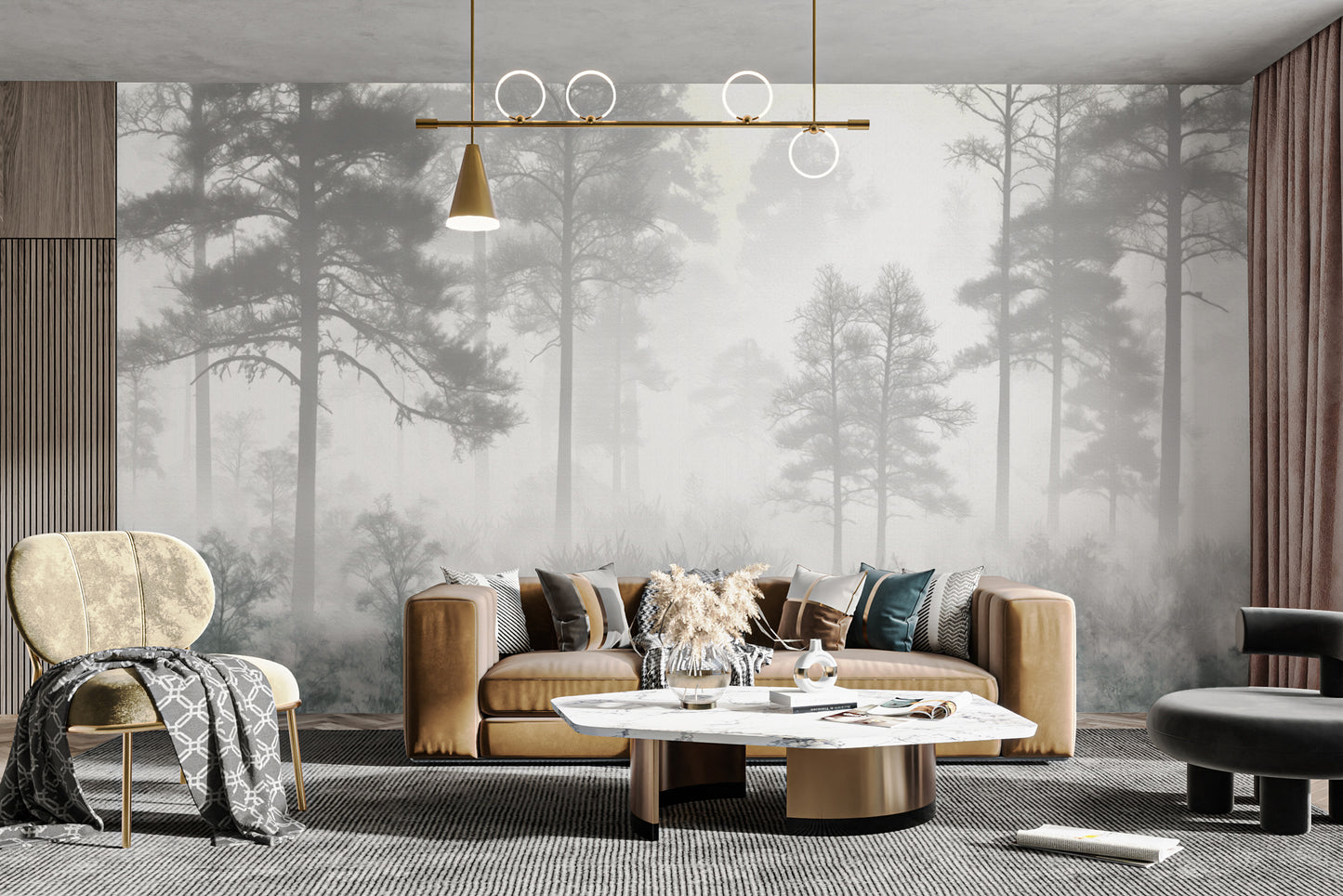 Foggy Pine Trees Wallpaper Mural with misty forest scene
