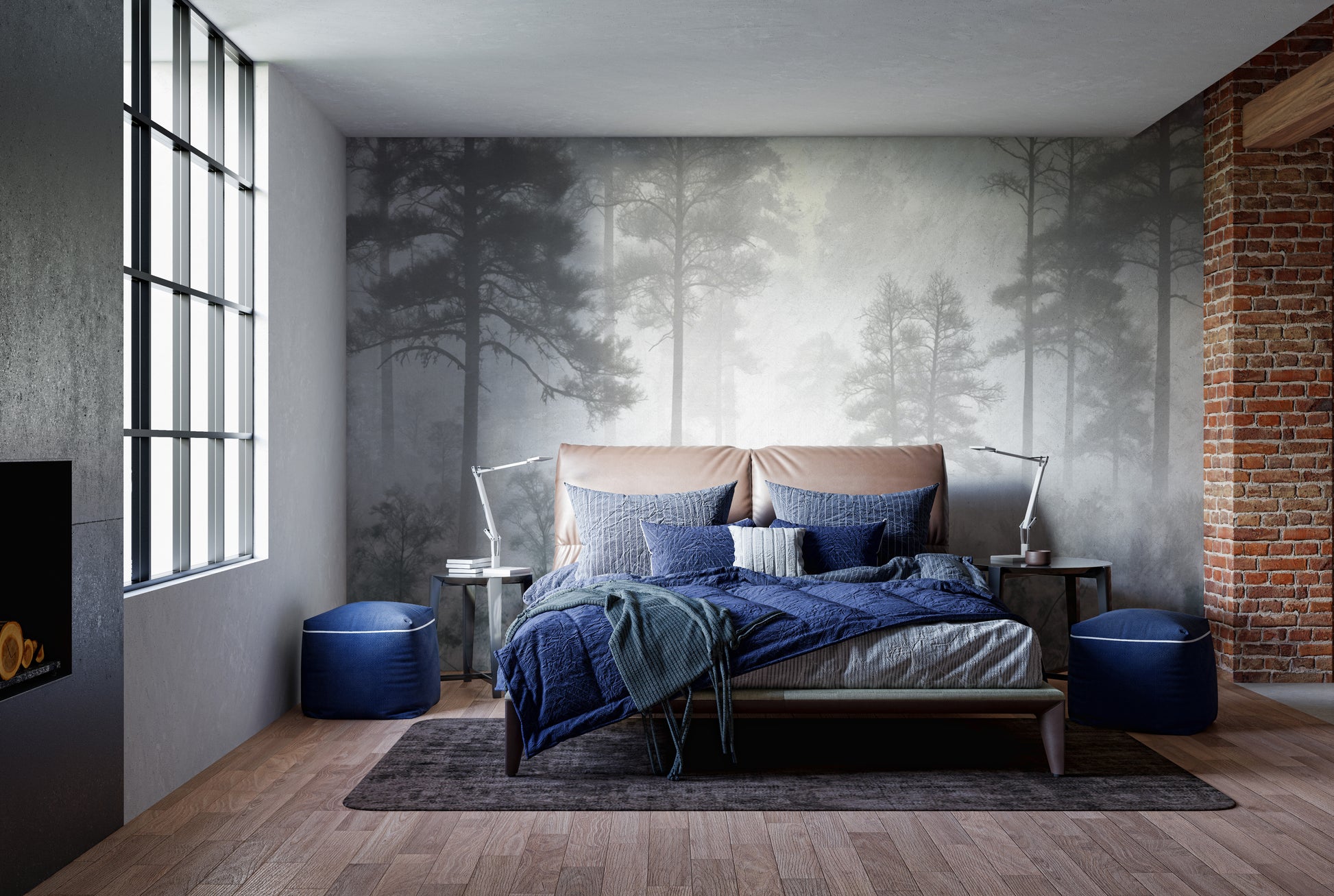 Serene misty forest wallpaper mural with tall pine trees
