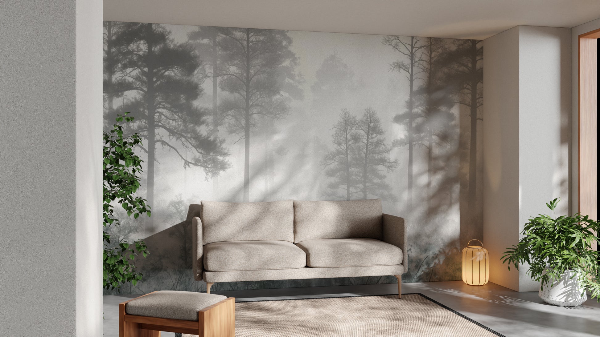 Fog-covered pine trees wallpaper mural for nature lovers
